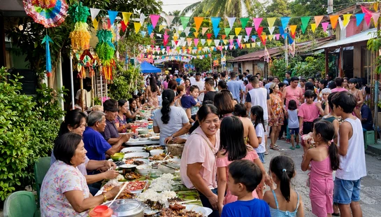 A large crowd of people celebrating a fiesta on a village street, gathered around a long table laden with food under colorful flags and decorations.