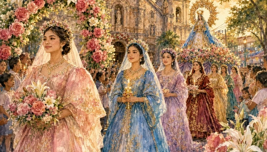 A watercolor painting of a religious procession with women in elegant, colorful gowns walking past an old stone church under a floral arch at sunset.