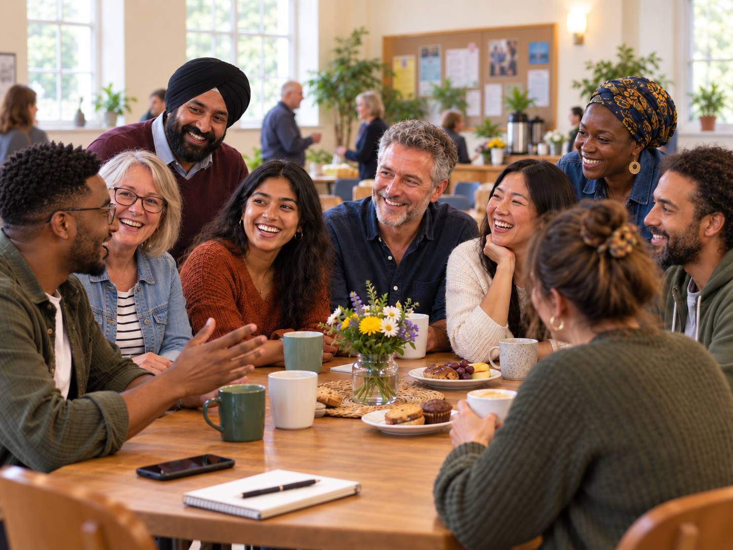 A diverse group of people enjoying relaxed conversation together