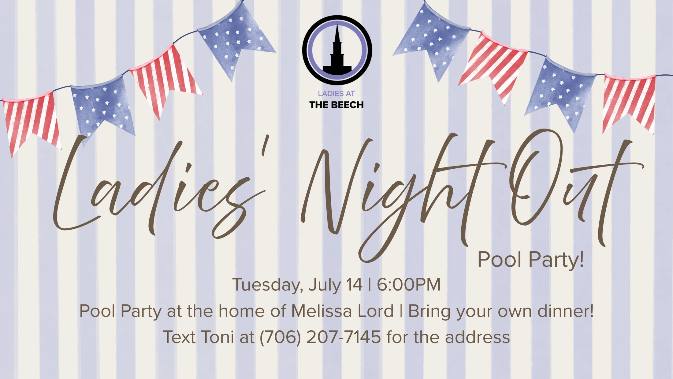 An invitation for a "Ladies' Night Out Pool Party" on a blue and white striped background, decorated with a patriotic banner of red, white, and blue pennants.