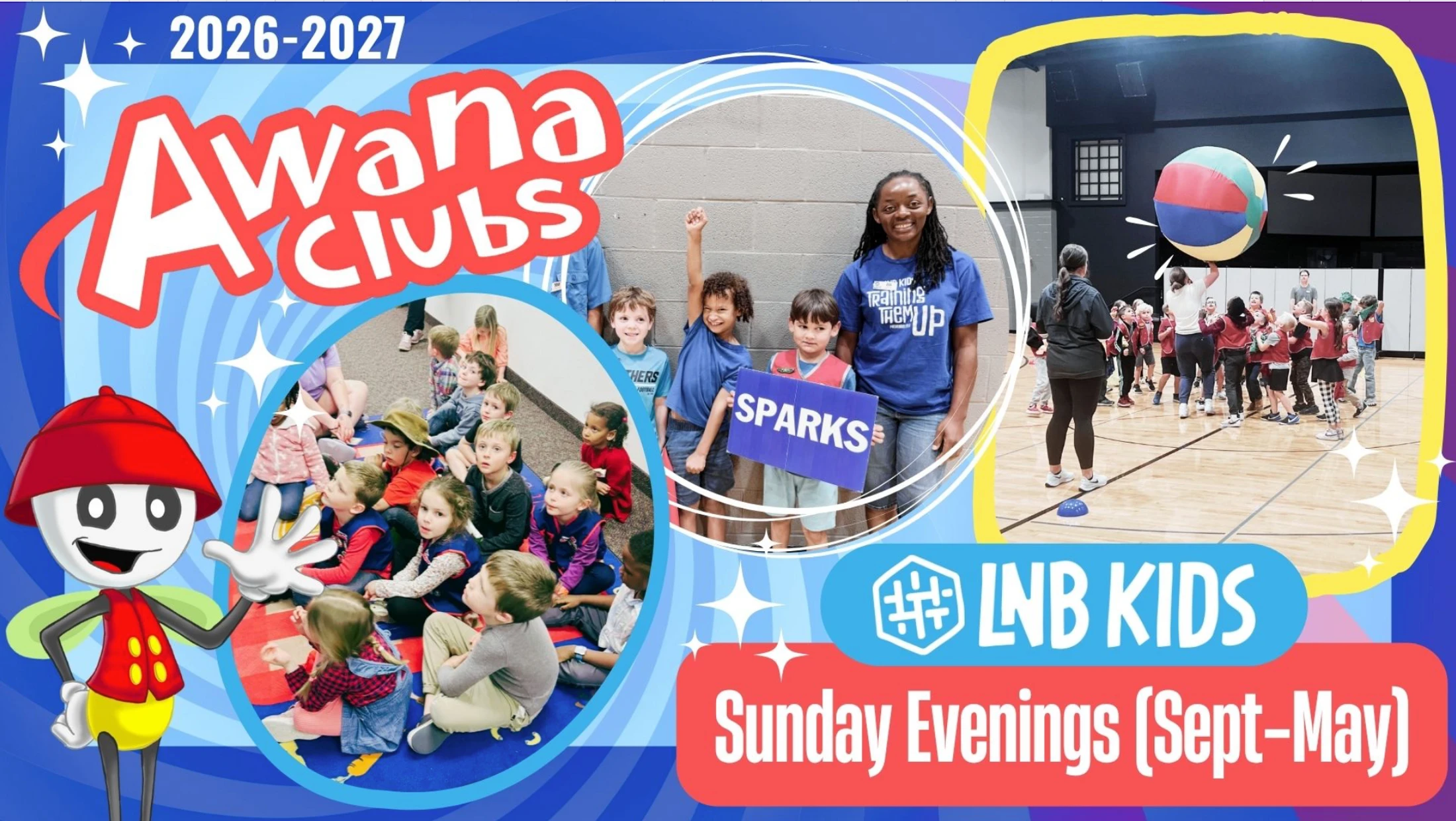 A colorful promotional graphic for Awana Clubs, showing a collage of kids learning, playing games in a gym, and posing with a group leader.