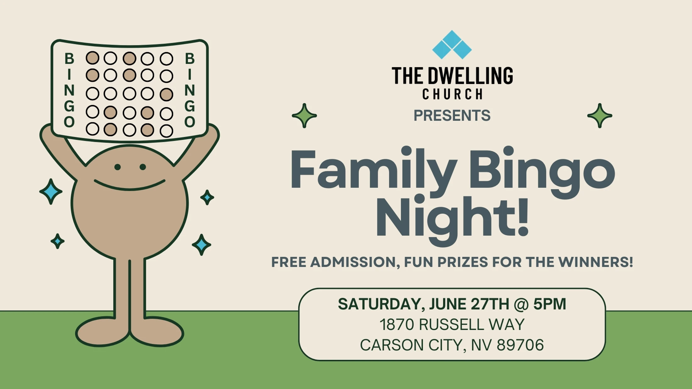 A flyer for Family Bingo Night hosted by The Dwelling Church, featuring a cartoon character holding a bingo card. Event is on Saturday, June 27th at 5pm.