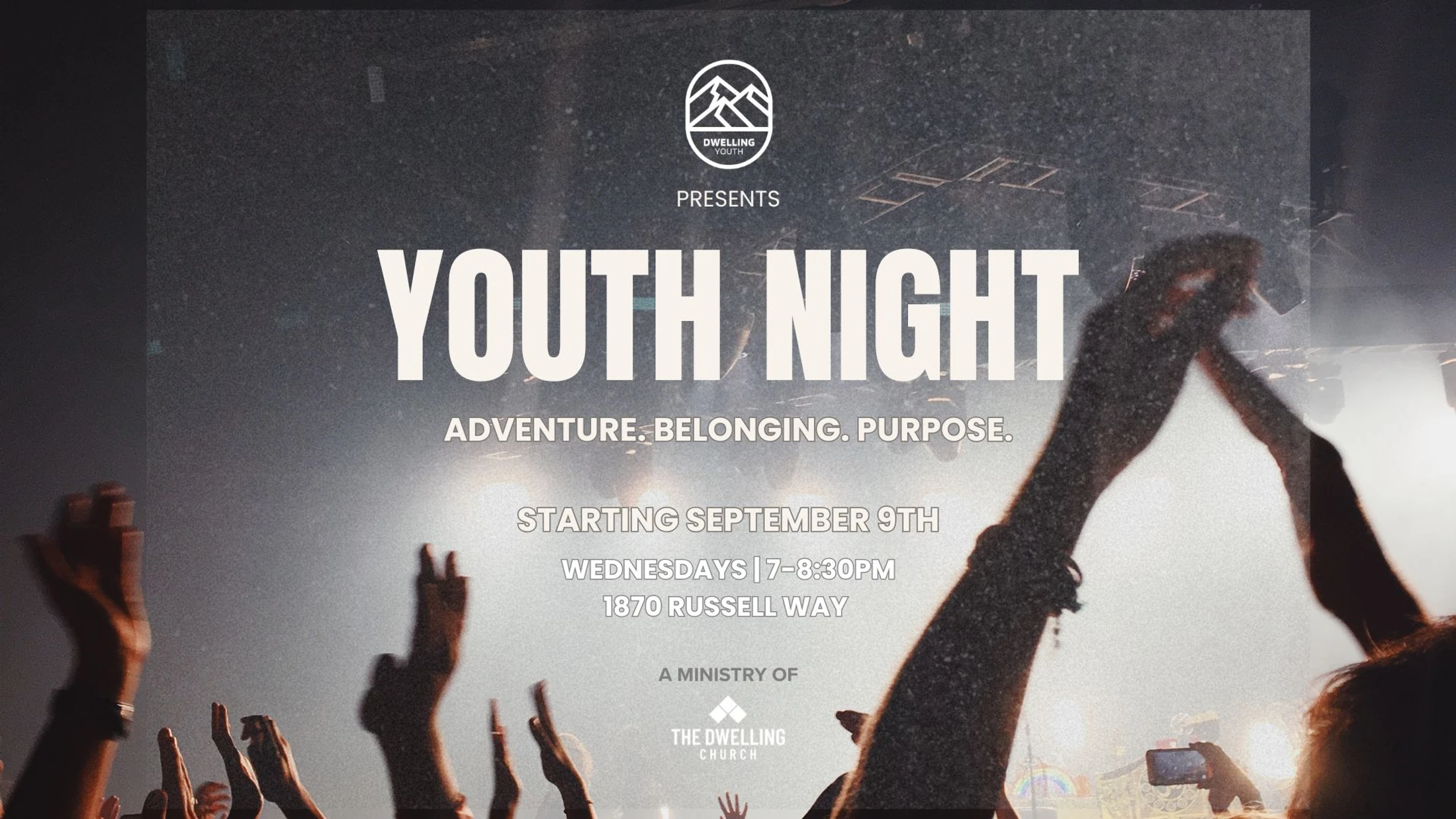 A promotional poster for Youth Night at The Dwelling Church, set against a background of a crowd with hands raised at a concert or worship service.