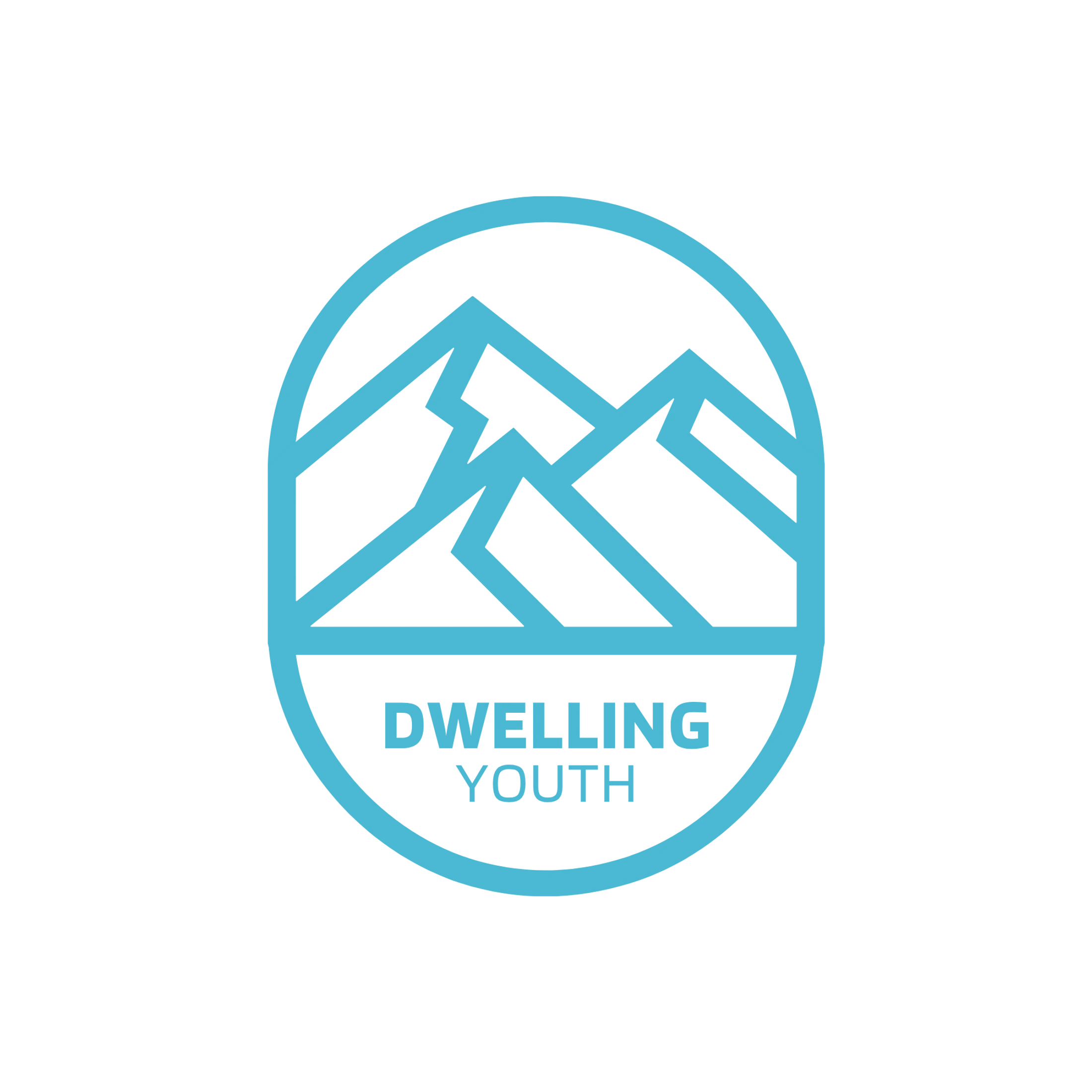 The Dwelling Youth logo, featuring a light blue, stylized mountain range inside a rounded frame with the text 'DWELLING YOUTH' underneath.