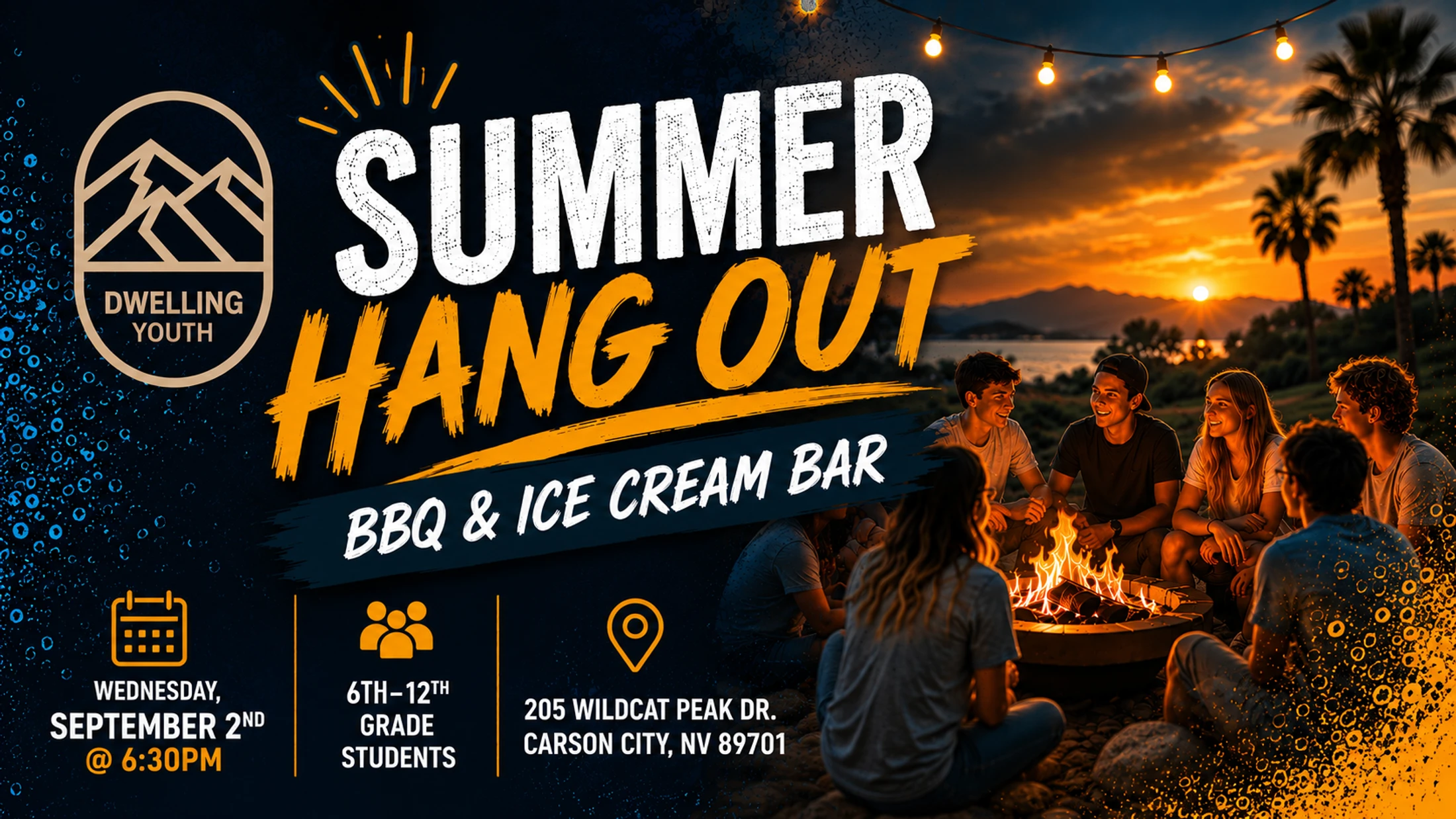 A promotional graphic for a Summer Hang Out, showing teens around a campfire at sunset. Text details the event: BBQ & Ice Cream Bar on September 2nd.