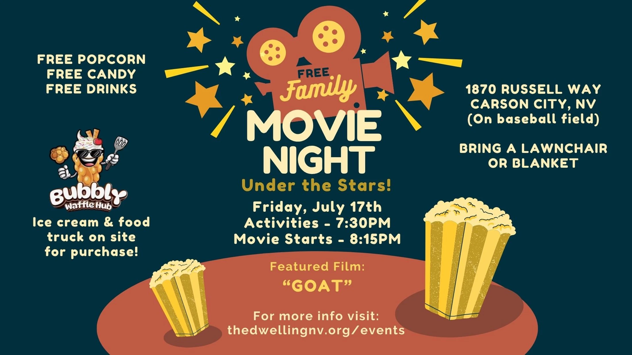 A flyer for a 'Free Family Movie Night' in Carson City, NV on Friday, July 17th, with illustrations of a movie camera, stars, and popcorn.