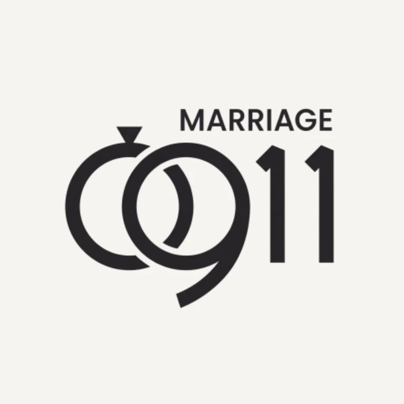 The Marriage 911 logo in black on a light background. Two interlocking rings, one with a diamond, creatively form the number 9 next to the numbers 11.