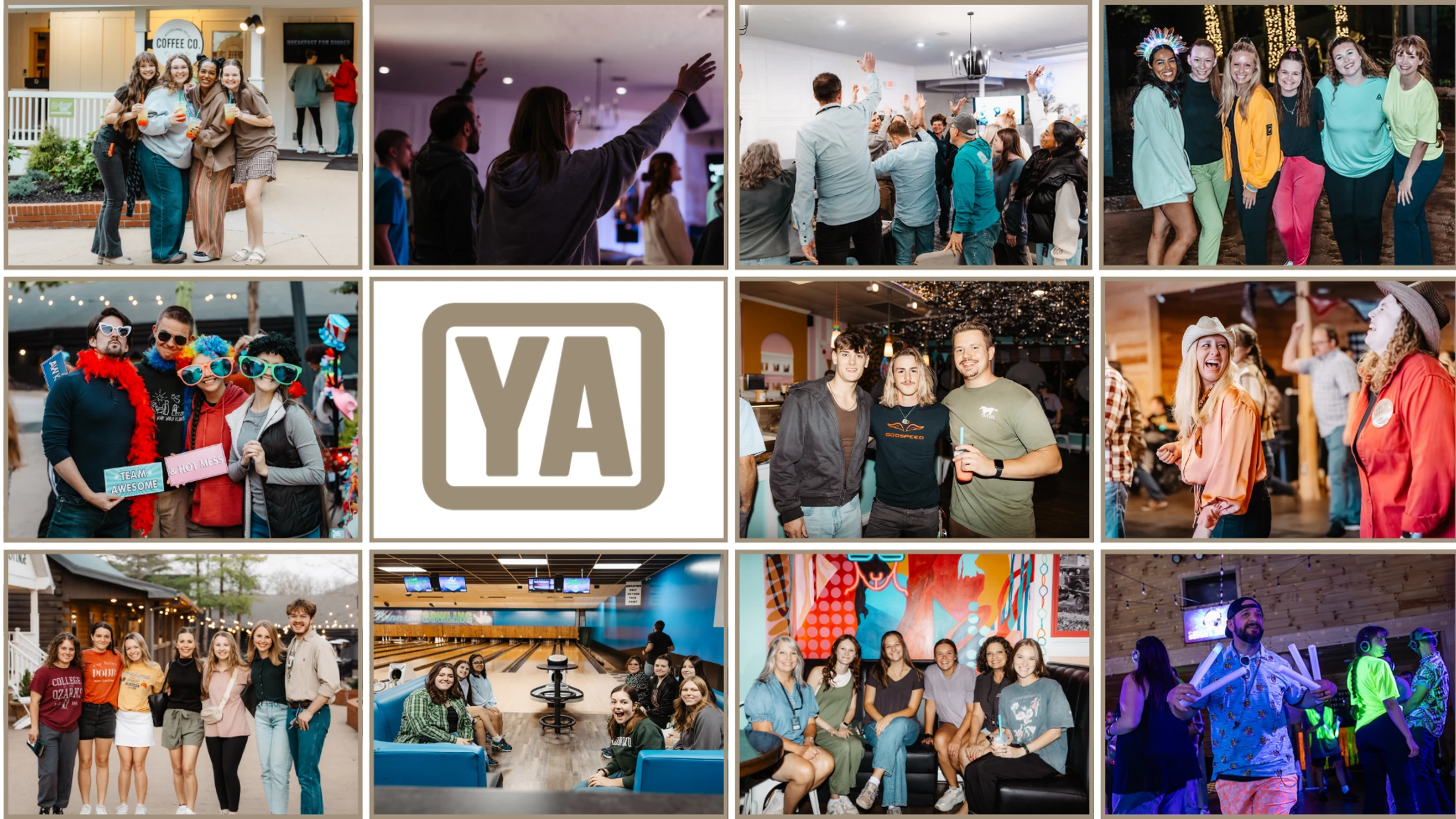 A collage of photos showing young adults socializing. Activities include getting coffee, bowling, dancing at parties, worshiping, and posing for group pictures.
