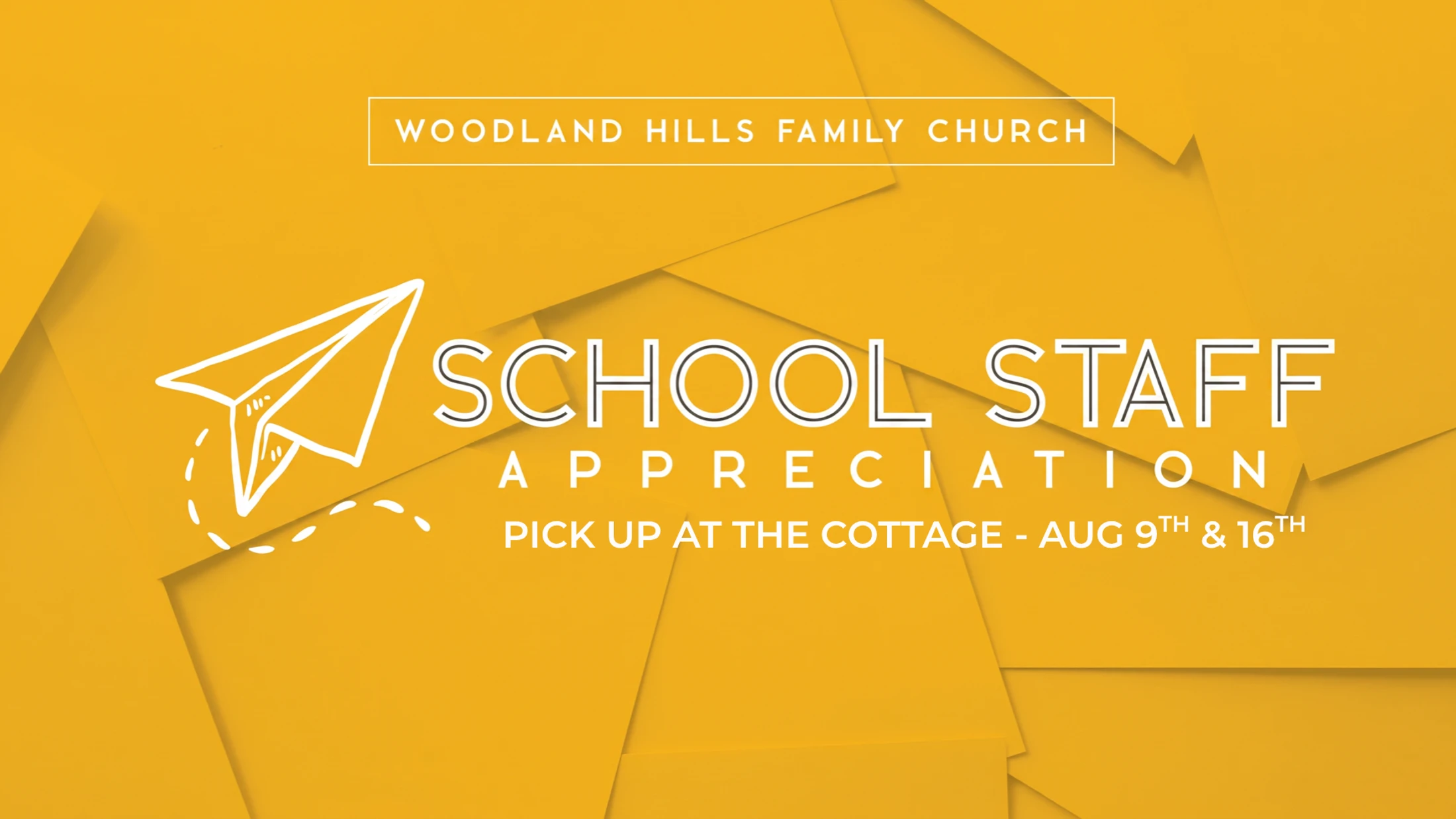 A yellow graphic announcing a School Staff Appreciation event, with a paper airplane icon and white text.