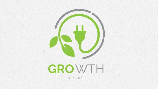 Logo for Growth Groups on a textured paper background. The icon features green leaves and an electrical plug inside a green and gray circle.