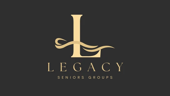 The logo for Legacy Seniors Groups in gold on a dark grey background. It features a large stylized letter L with a wave-like swirl through the middle.