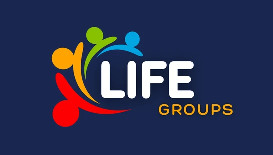 A logo for "Life Groups" featuring four abstract, colorful figures forming a circle around the white text "LIFE" and orange text "GROUPS" on a dark blue field.