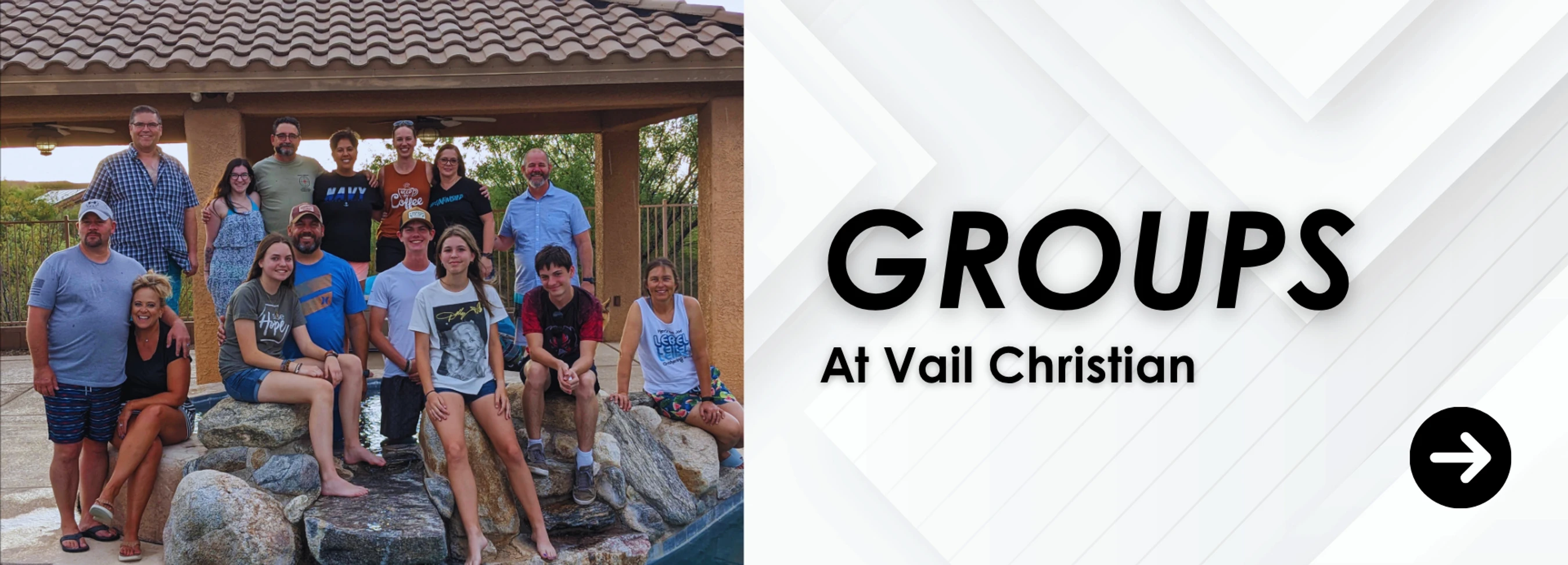 A promotional banner with a photo of a diverse church group smiling by a pool, next to the text 'GROUPS At Vail Christian'.