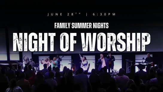 A promotional graphic for a "Night of Worship" event. In the background, a band performs on stage in front of a large crowd inside a dimly lit venue.