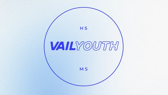 The Vail Youth logo is centered in a blue circle on a light blue gradient background. Text indicates HS for High School and MS for Middle School.