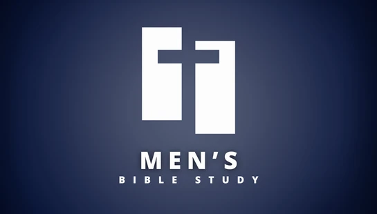 A graphic for a men's bible study featuring a white, stylized cross logo above the text 'Men's Bible Study' on a dark blue gradient background.