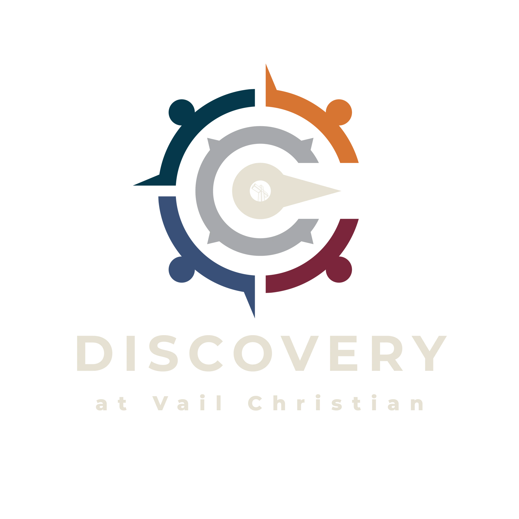 Logo for Discovery at Vail Christian featuring a stylized, multicolored compass with a cross at the center, above the program name in a light beige font.