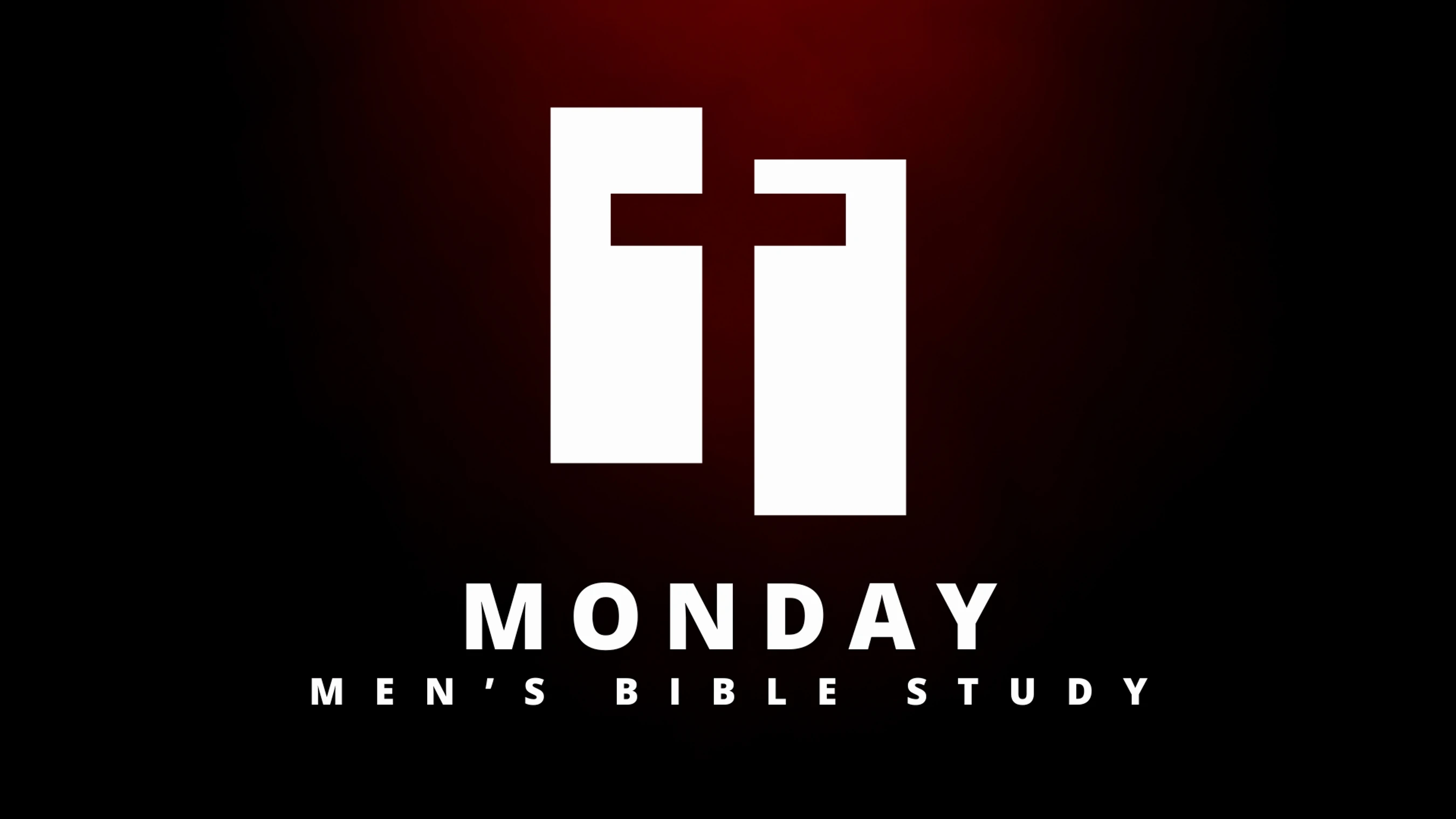 A graphic for a Monday Men's Bible Study, featuring a stylized cross logo over white text on a black background with a red gradient.