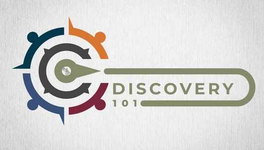 The 'Discovery 101' logo, designed as a compass with its points made of abstract, colorful people figures, all on a light textured background.