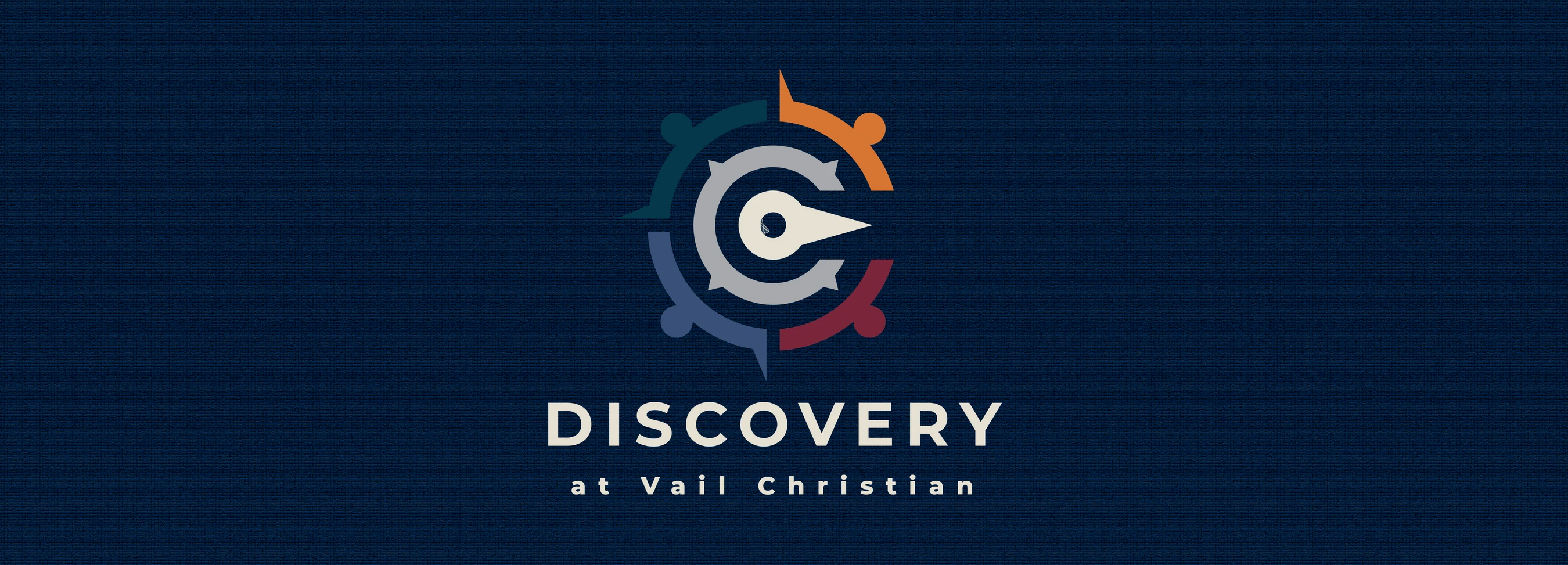 The logo for Discovery at Vail Christian featuring a stylized colorful compass on a dark blue textured background with white text.
