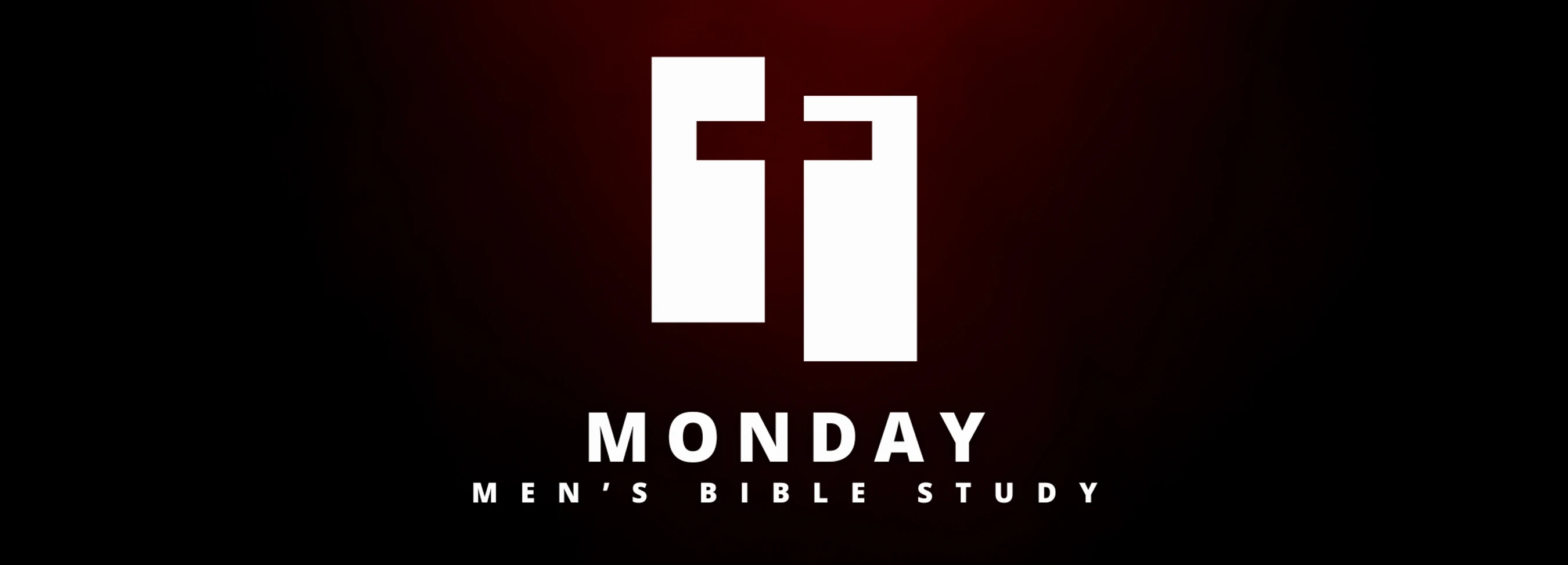 A graphic for Monday Men's Bible Study with a stylized cross logo on a dark red and black background.