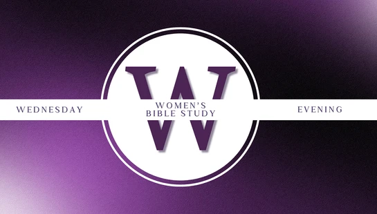 A graphic for a Women's Bible Study. A large purple letter W is in a white circle on a textured purple gradient background with text for the event.