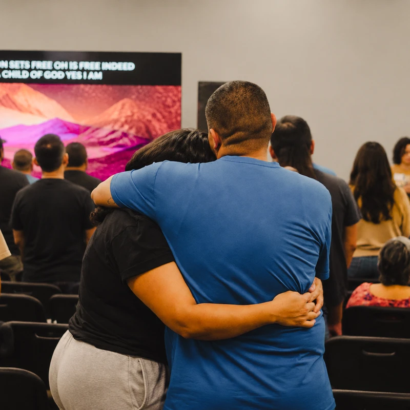 A man in a blue shirt hugs a woman while they stand in a congregation, facing a screen with worship lyrics displayed on it during a church service.