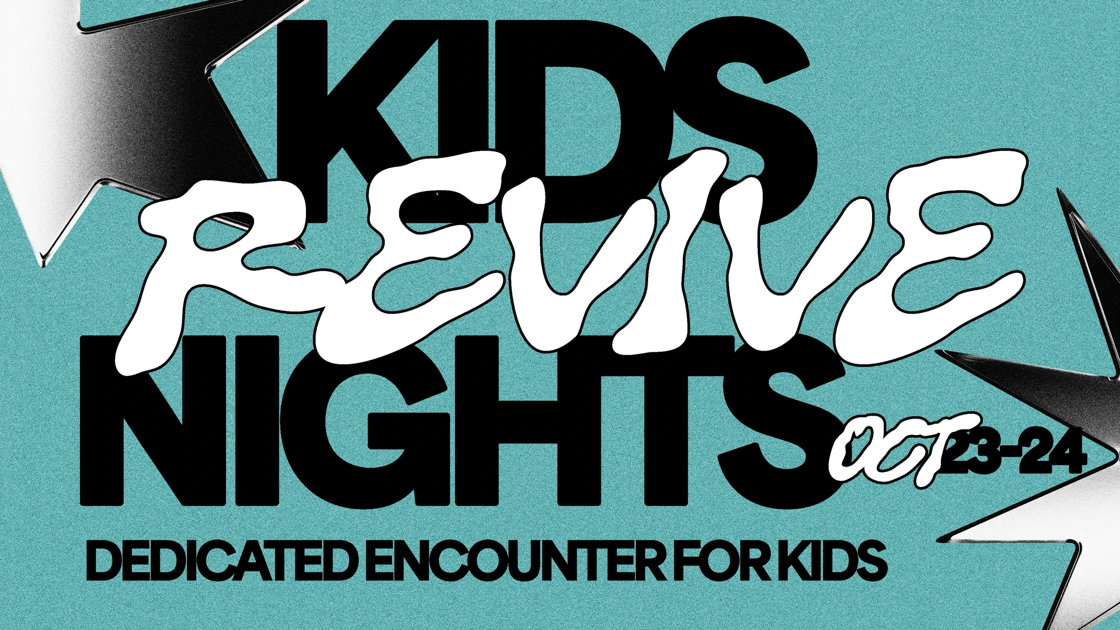 A graphic for a kids' event called "Kids Revive Nights" on Oct 23-24. It features stylized black and white text and stars over a grainy teal background.