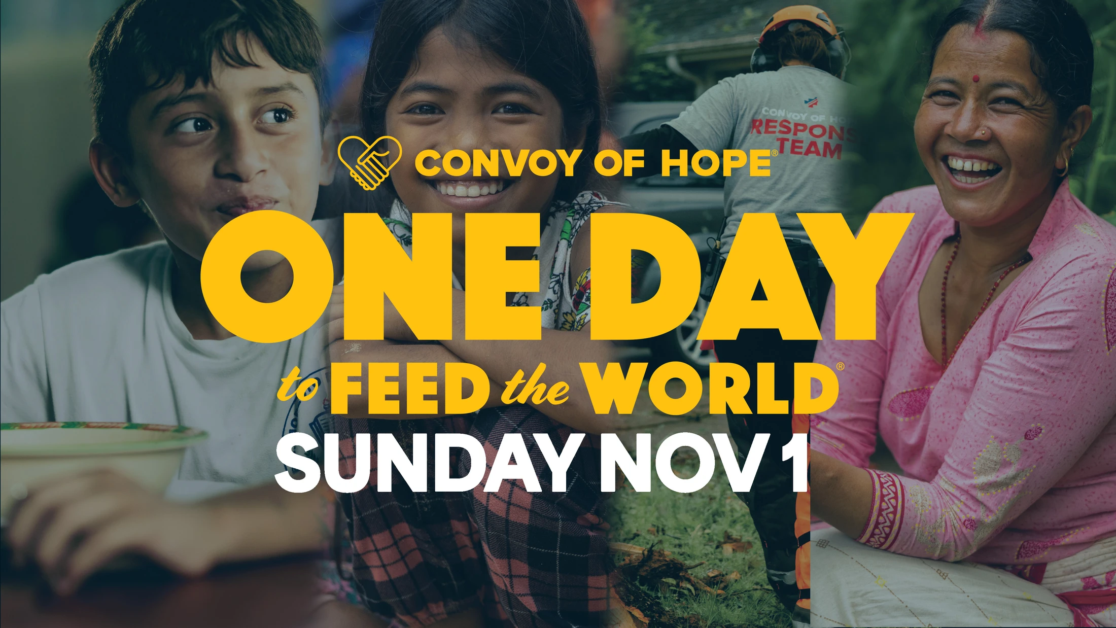 A promotional graphic for Convoy of Hope's 'One Day to Feed the World' on Sunday, Nov 1, featuring a collage of smiling children and adults.