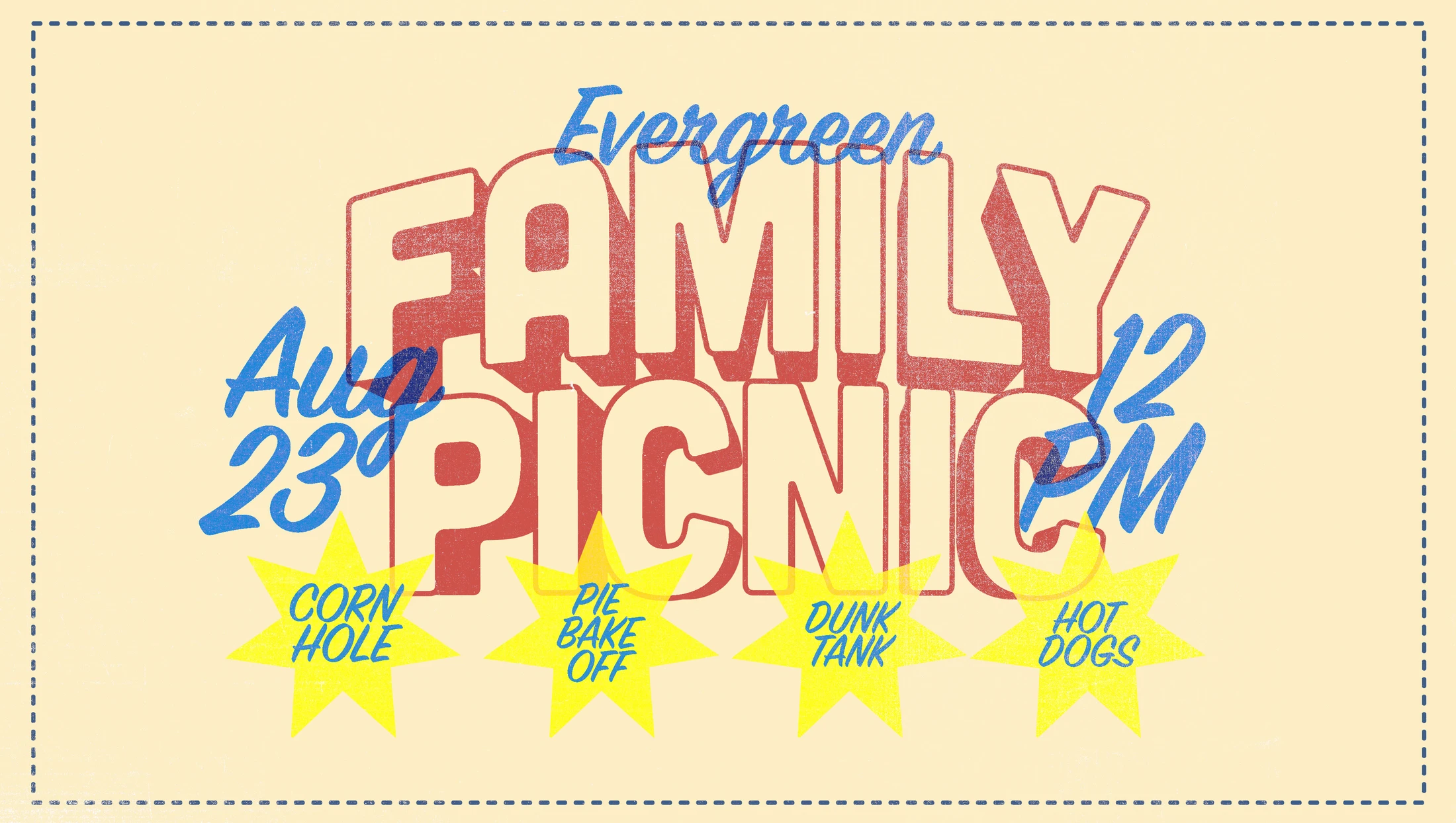 A retro-style graphic announcing the Evergreen Family Picnic on Aug 23 at 12 PM, with activities like corn hole, pie bake off, dunk tank, and hot dogs.