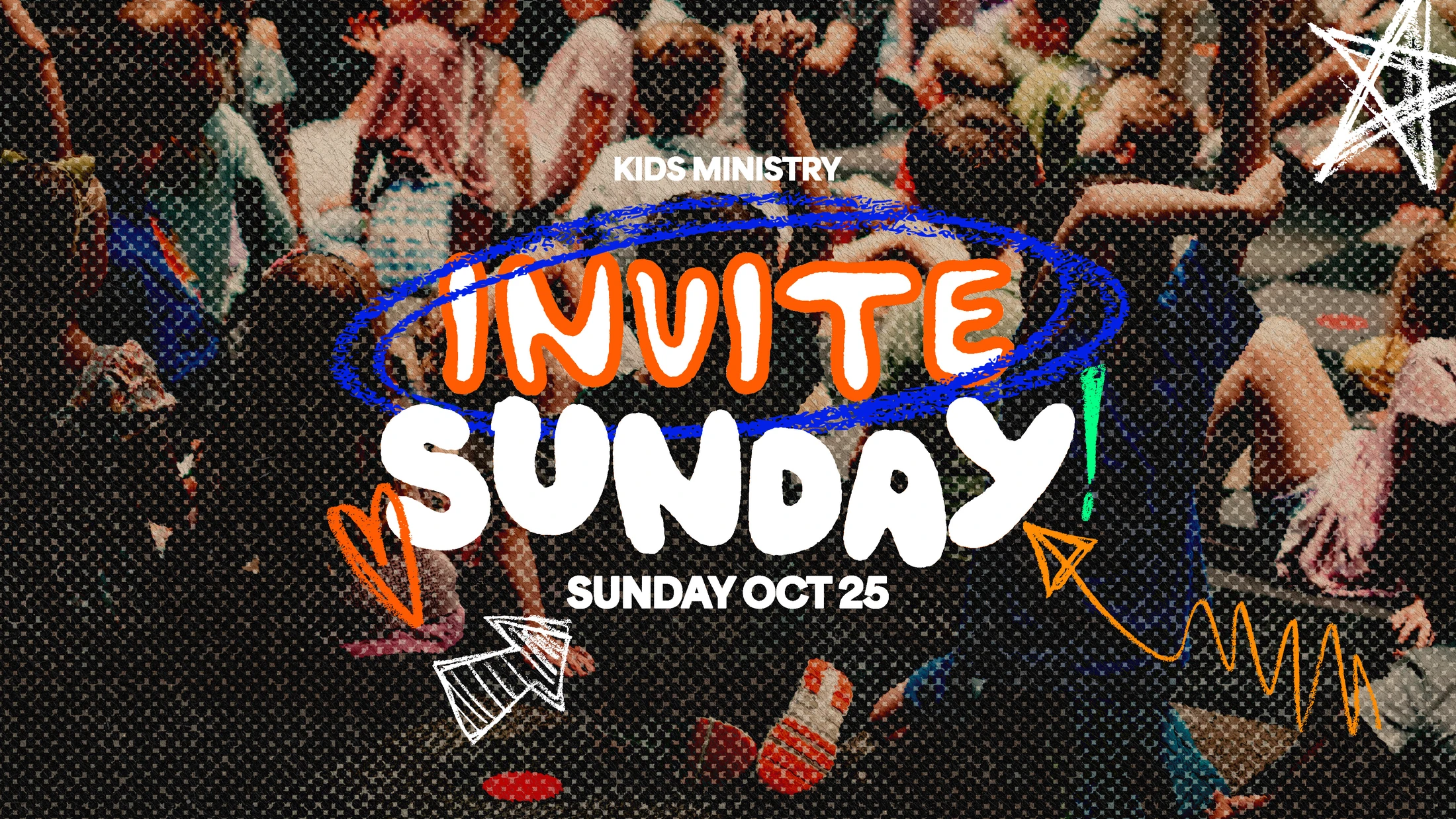 A graphic for a Kids Ministry event called Invite Sunday on October 25, with stylized text and doodles over a textured image of a crowd of children.