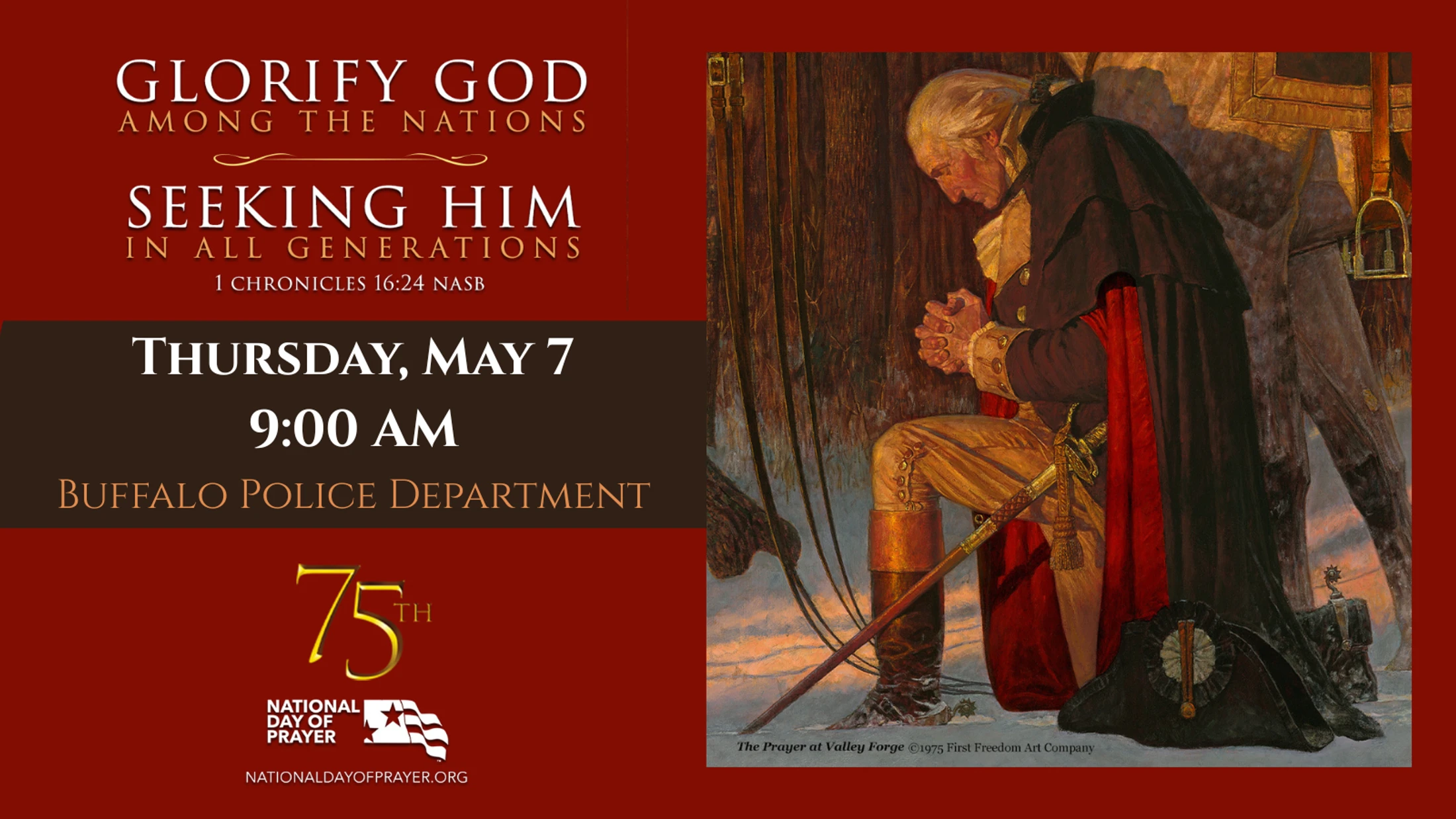 A flyer for the 75th National Day of Prayer on May 7. On the right is the painting 'The Prayer at Valley Forge' showing George Washington kneeling in the snow.