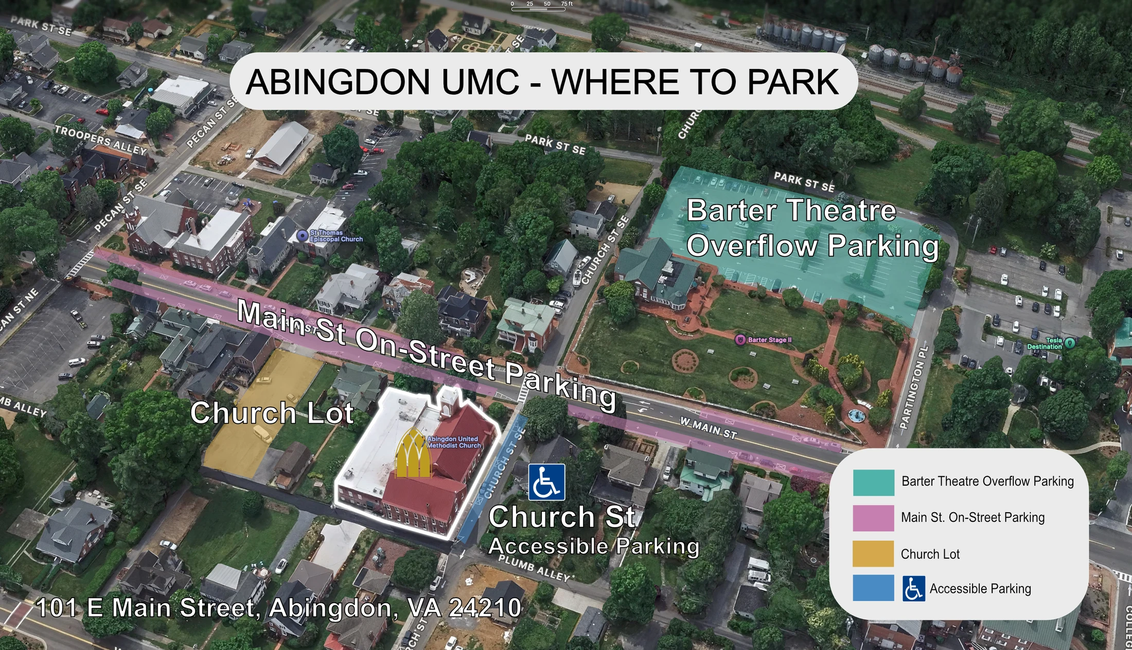 Abingdon UMC Parking Map showing Main Street lot, Church Street handicap spaces, and Barter Smith Theater overflow parking