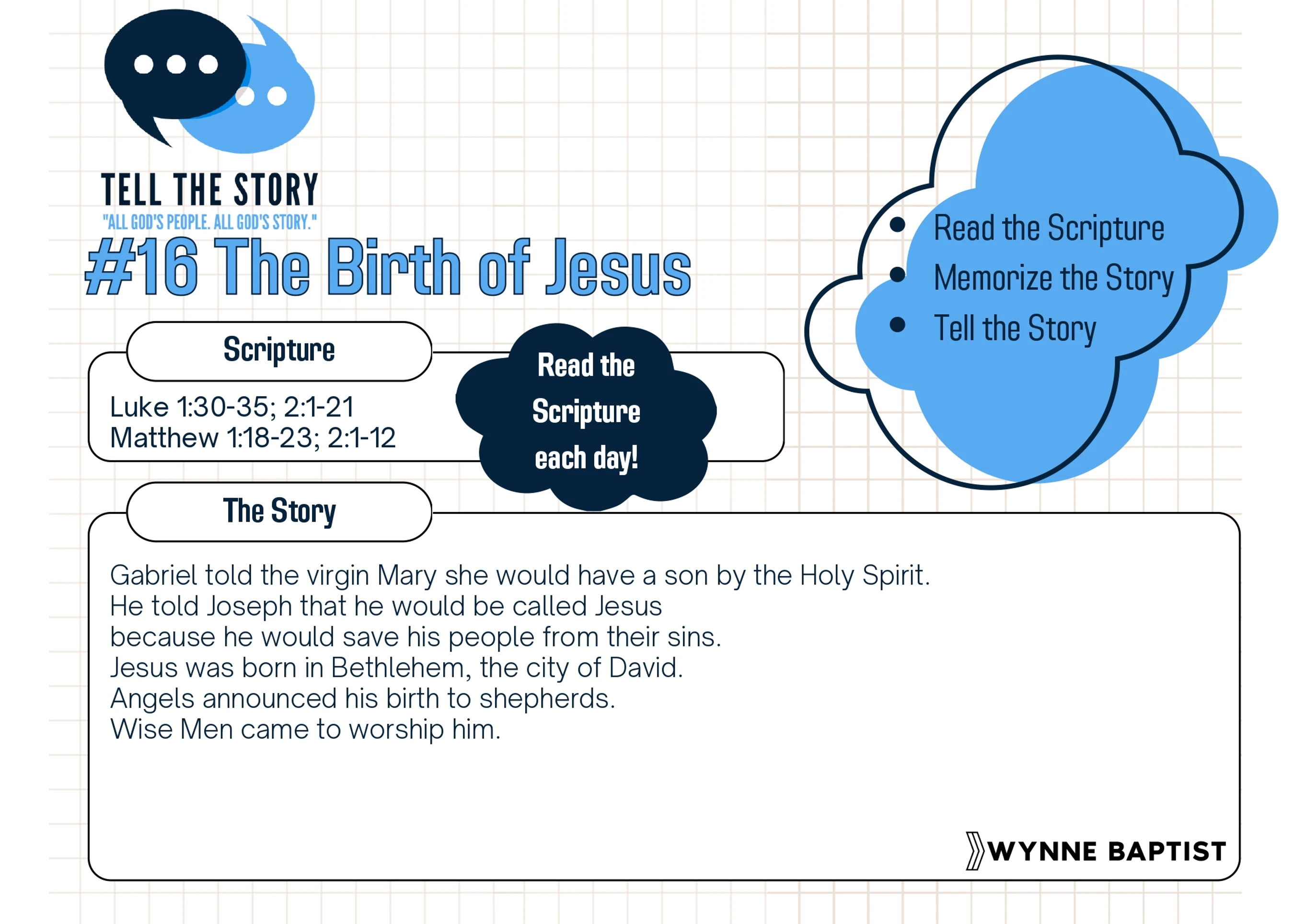 A Bible story graphic about the birth of Jesus. It includes scripture references from Luke and Matthew and a short summary of the nativity story.