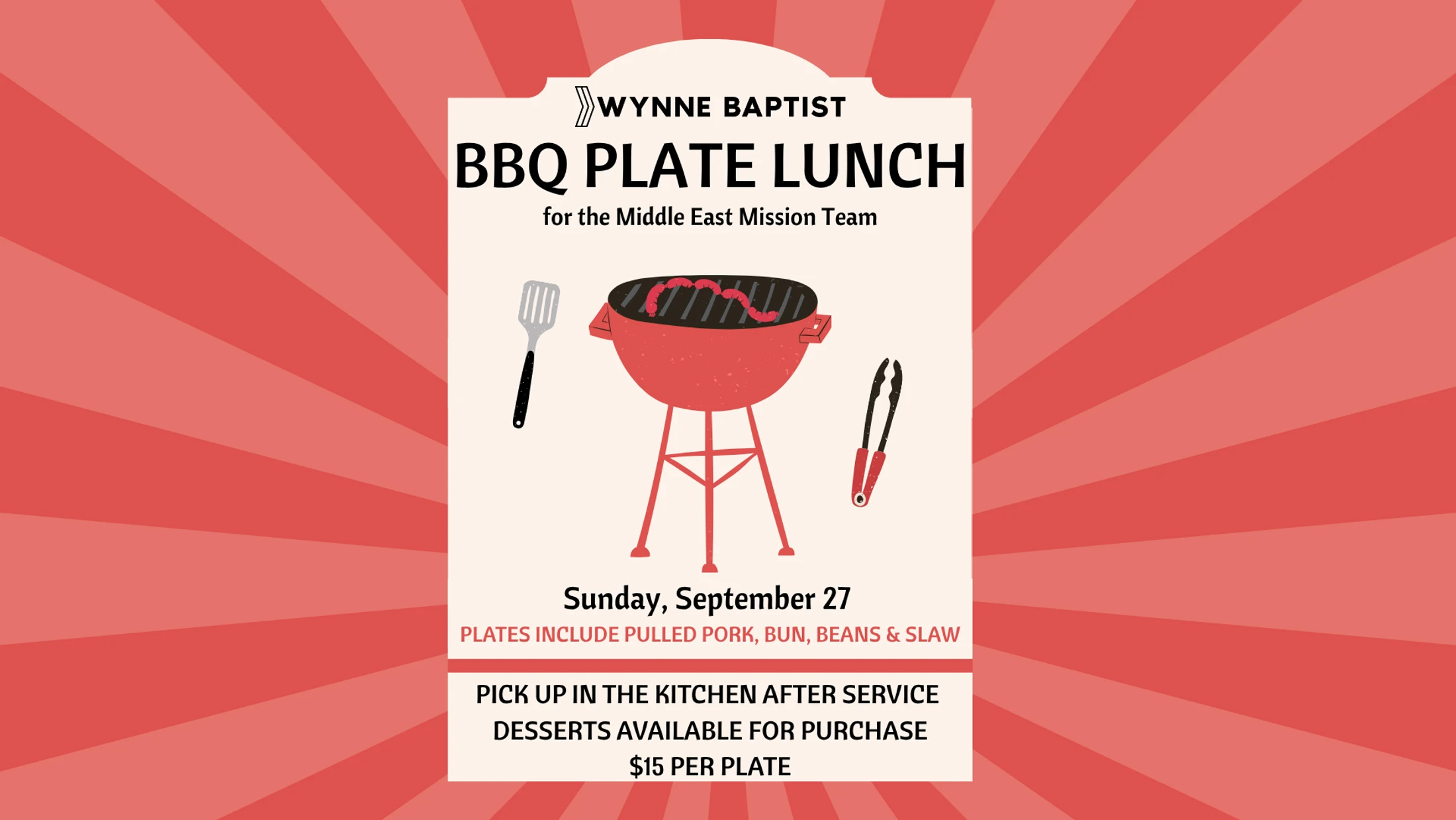 Flyer for a BBQ Plate Lunch fundraiser. A red grill is centered with event details: Sunday, Sept 27, $15 per plate, benefitting the Middle East Mission Team.