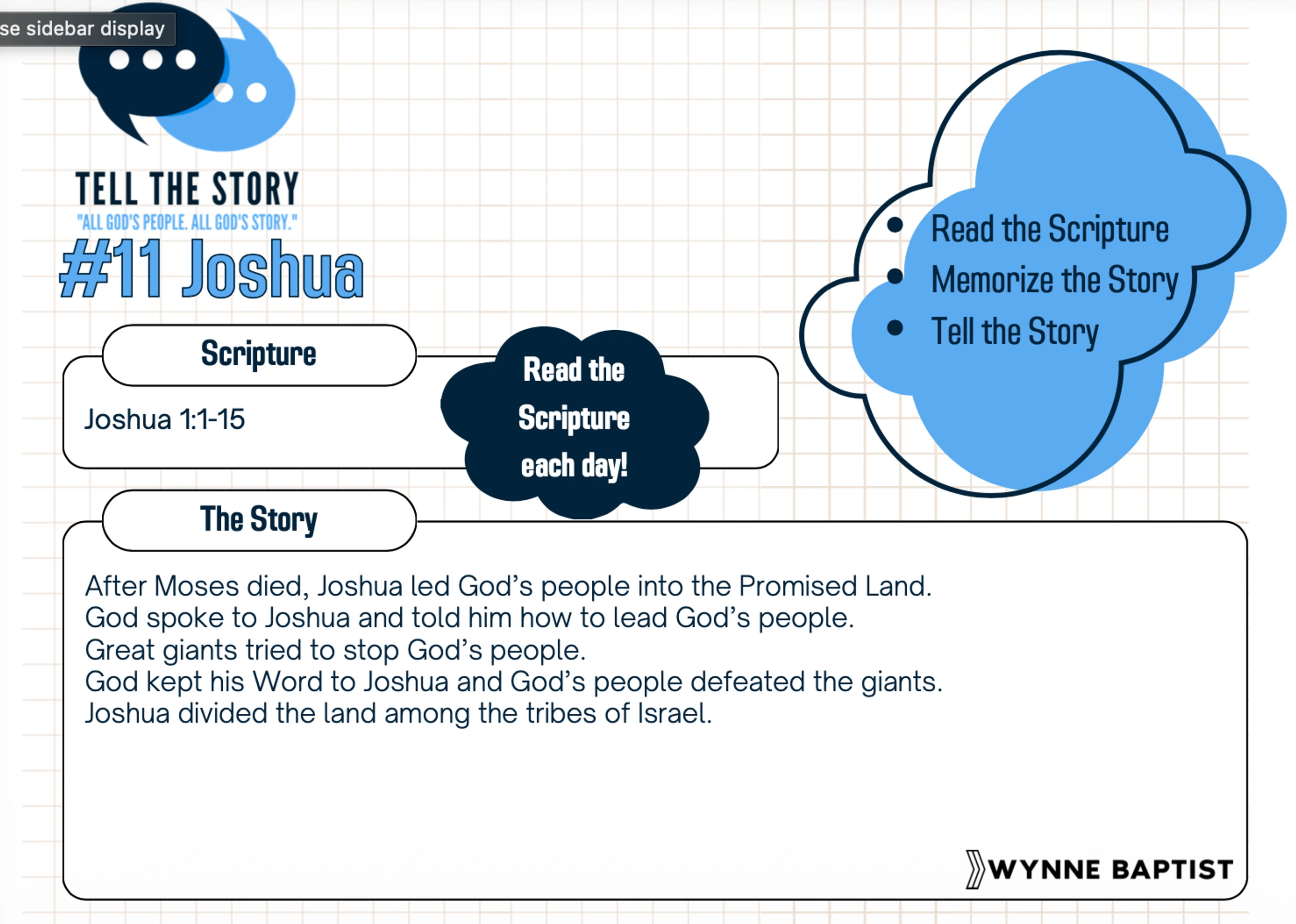 A graphic for a Bible lesson on Joshua, showing scripture Joshua 1:1-15, a summary of the story, and steps to read, memorize, and tell the story.