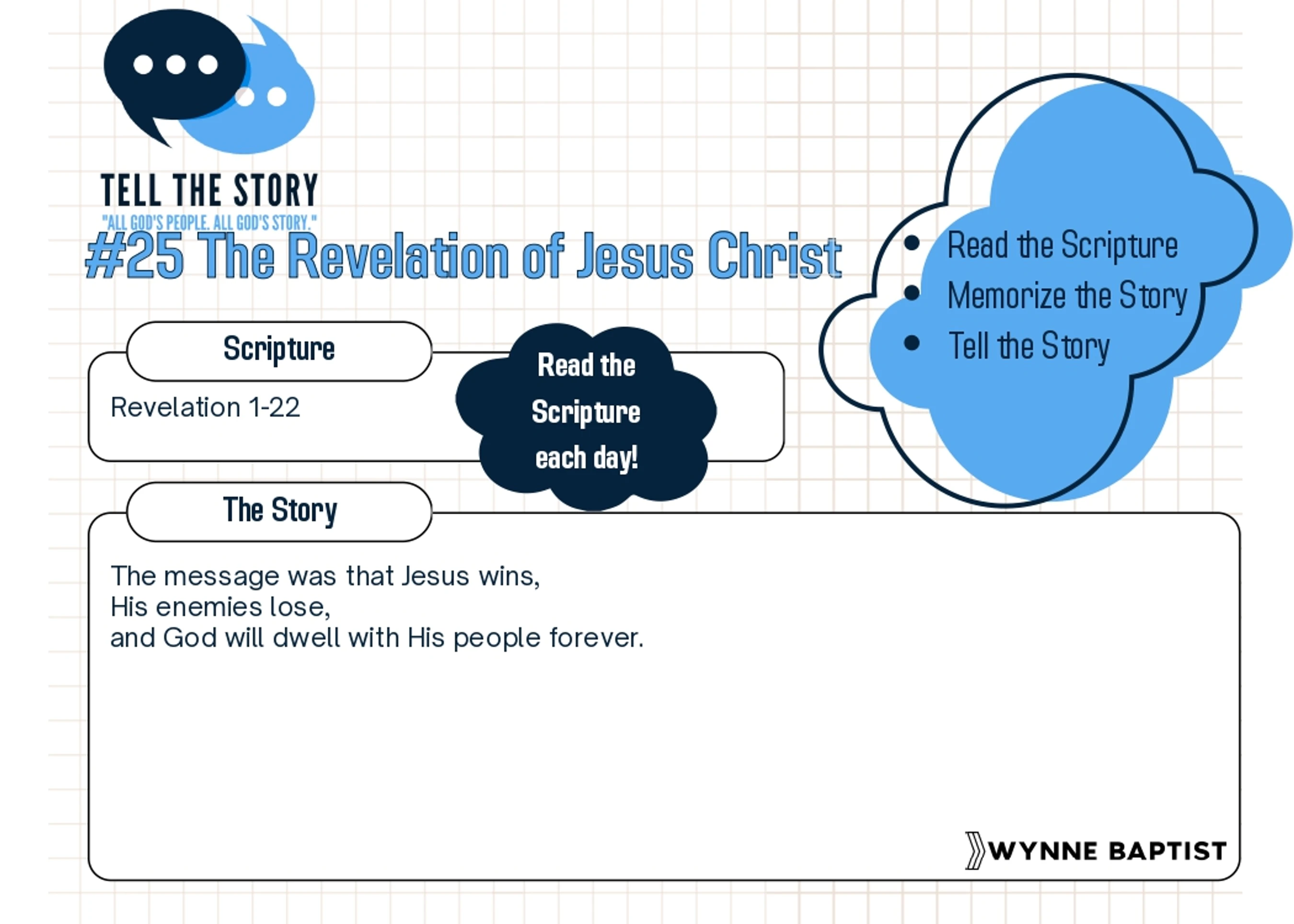 A Bible study graphic for The Revelation of Jesus Christ, story #25. It lists the scripture, a summary of the story, and instructions for learning.