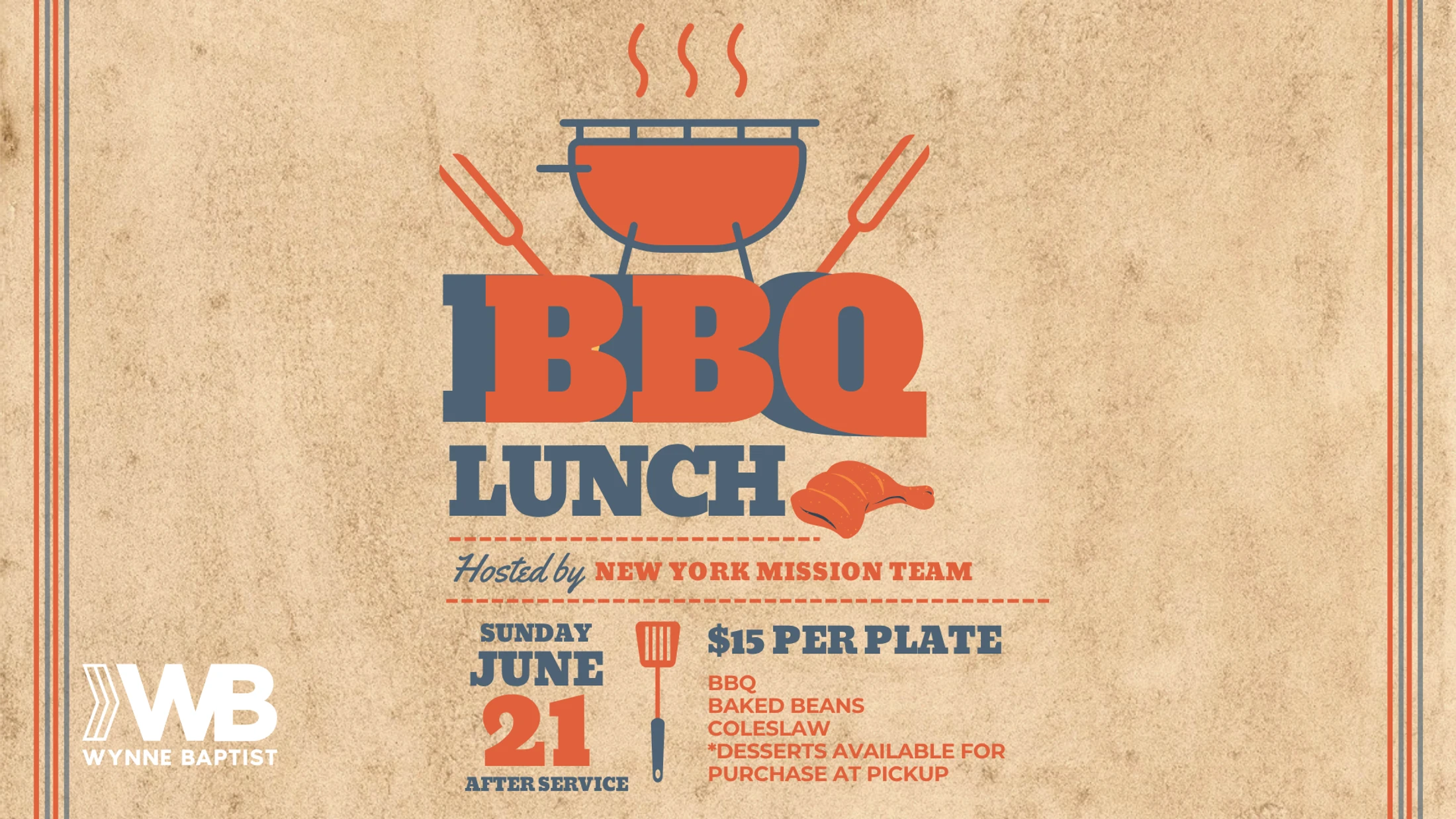 A promotional flyer for a BBQ Lunch at Wynne Baptist on Sunday, June 21. The flyer has a textured background with event details in orange and blue text.