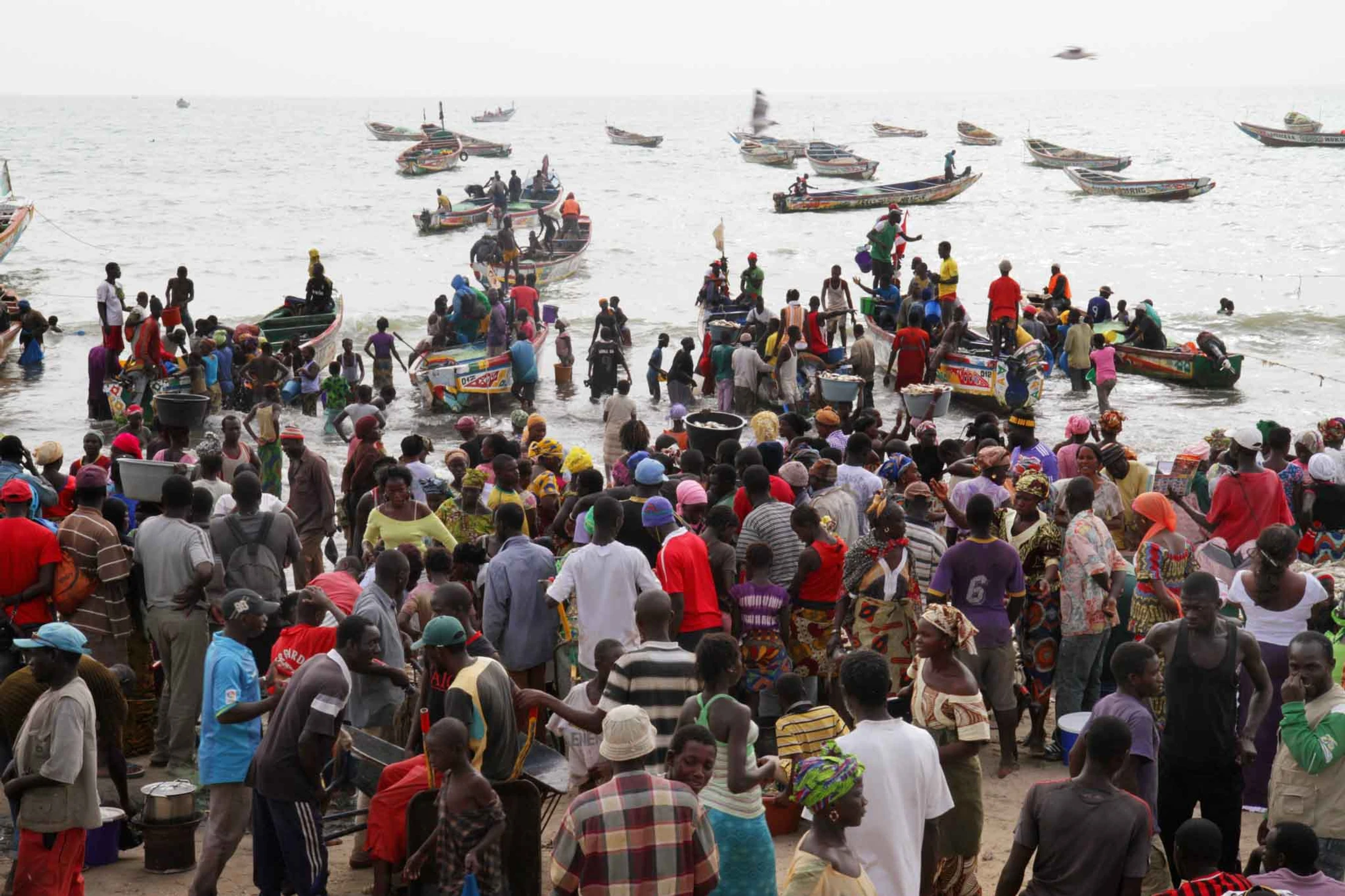A large crowd of people gathers on a beach and in shallow water as numerous colorful fishing boats come ashore, creating a busy market atmosphere.