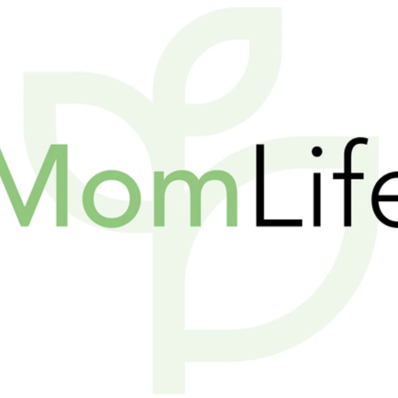 The logo for MomLife on a white background. The word 'Mom' is in green and 'Life' is in black, with a faint green plant sprout graphic behind the text.