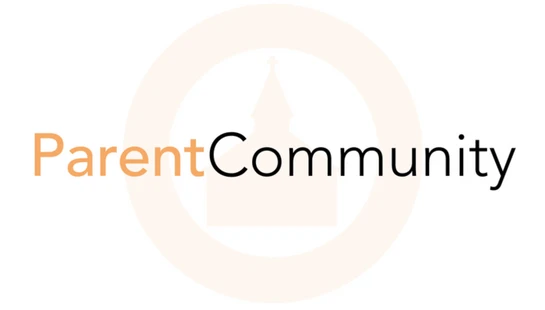 The logo for Parent Community. The word 'Parent' is orange and 'Community' is black, with a faint orange silhouette of a church inside a circle behind it.