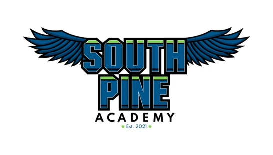 The logo for South Pine Academy, featuring the words 'South Pine' in bold blue letters with green accents, and a pair of blue wings spreading from the sides.