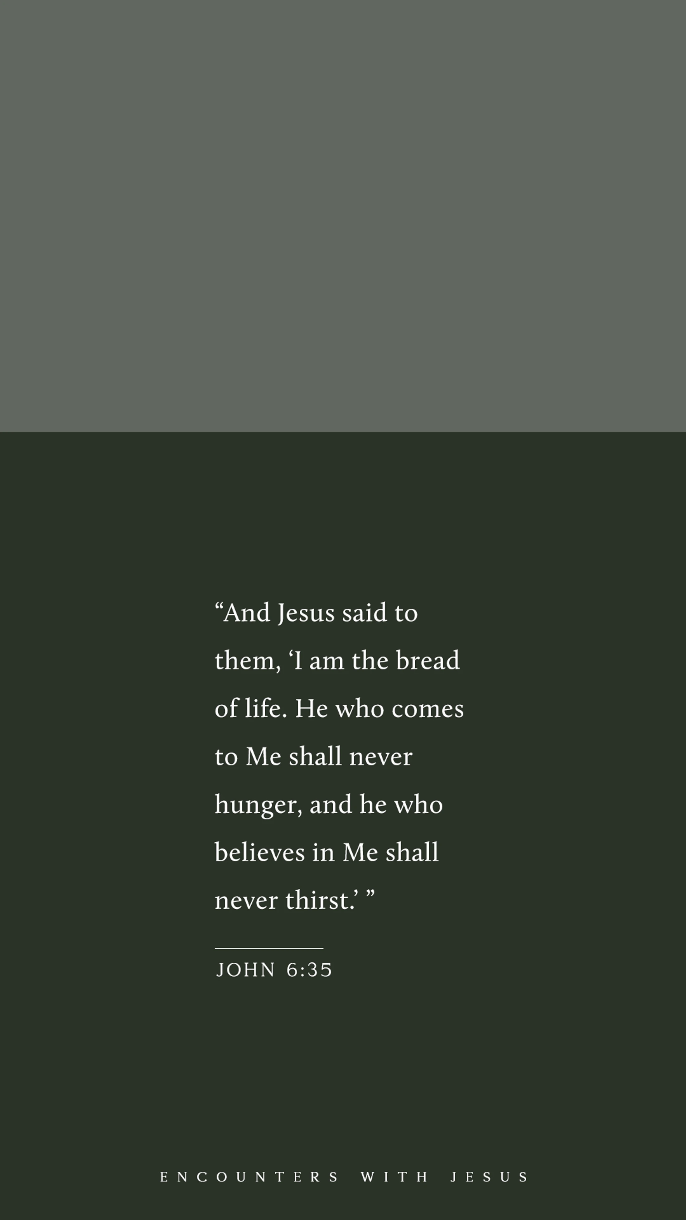 A graphic with the bible verse John 6:35 on a dark green background. It reads, 'I am the bread of life,' with 'Encounters with Jesus' written below.