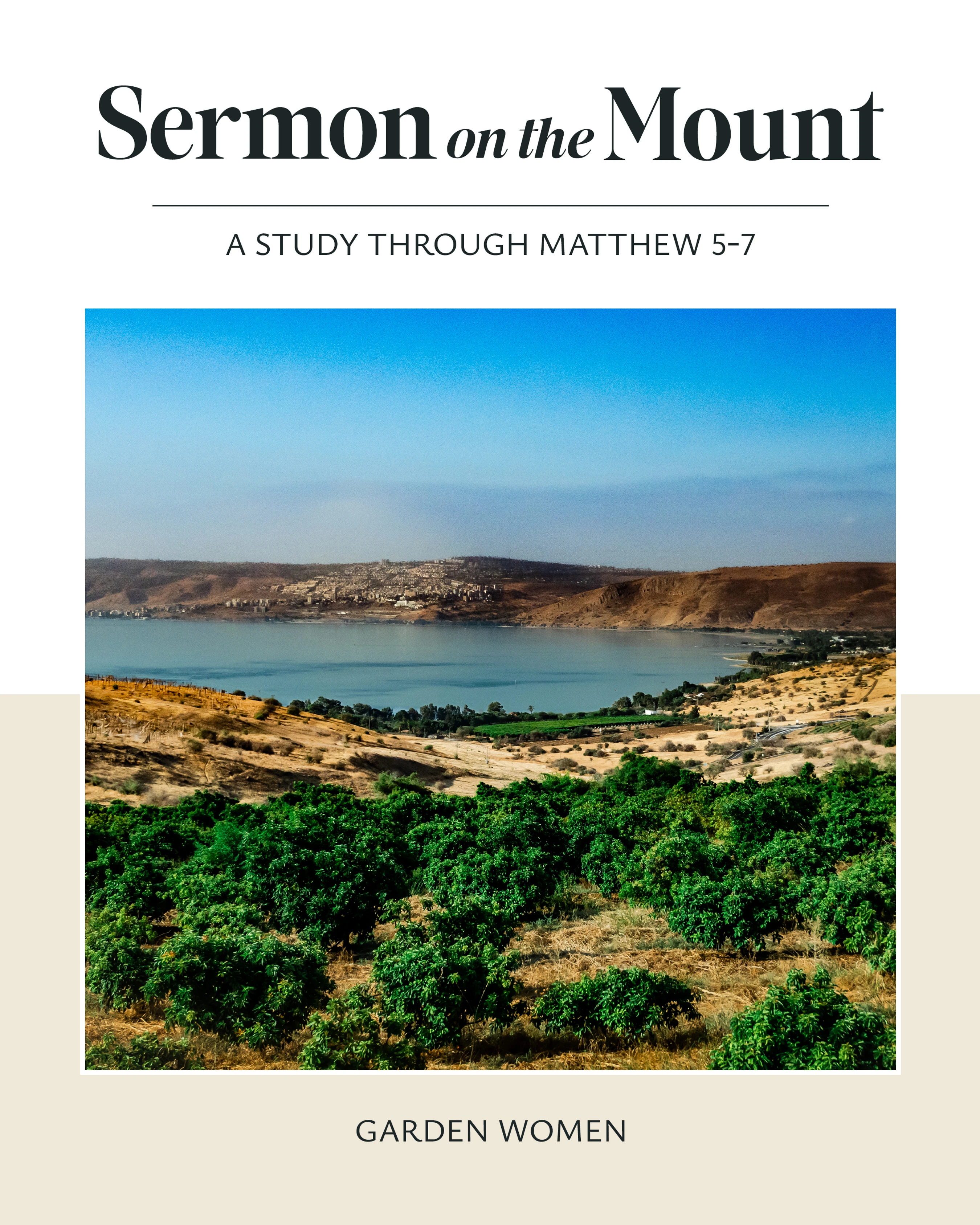 The cover for a bible study, 'Sermon on the Mount', with a photo of a lush green hillside overlooking a large body of water and a distant town.