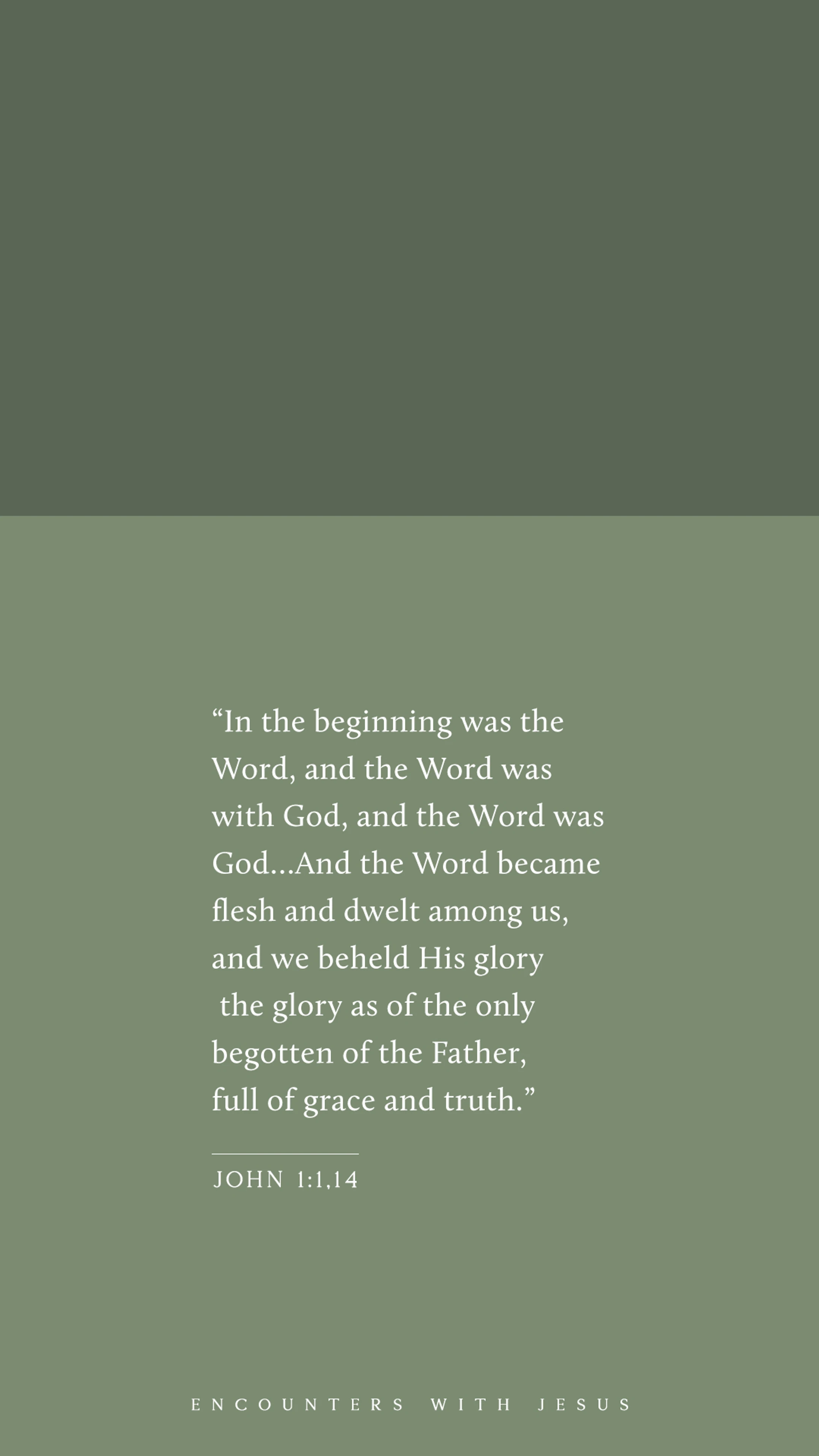 A Bible verse from John 1:1,14 about the Word becoming flesh, presented in white text on a two-tone green background with the title 'Encounters with Jesus'.