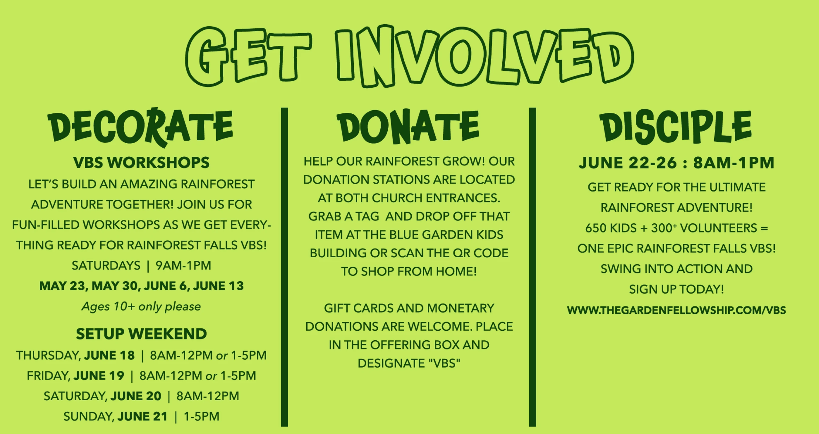 A lime green graphic titled 'Get Involved' outlining ways to participate in a Rainforest VBS through decorating, donating, or discipling, with specific dates.