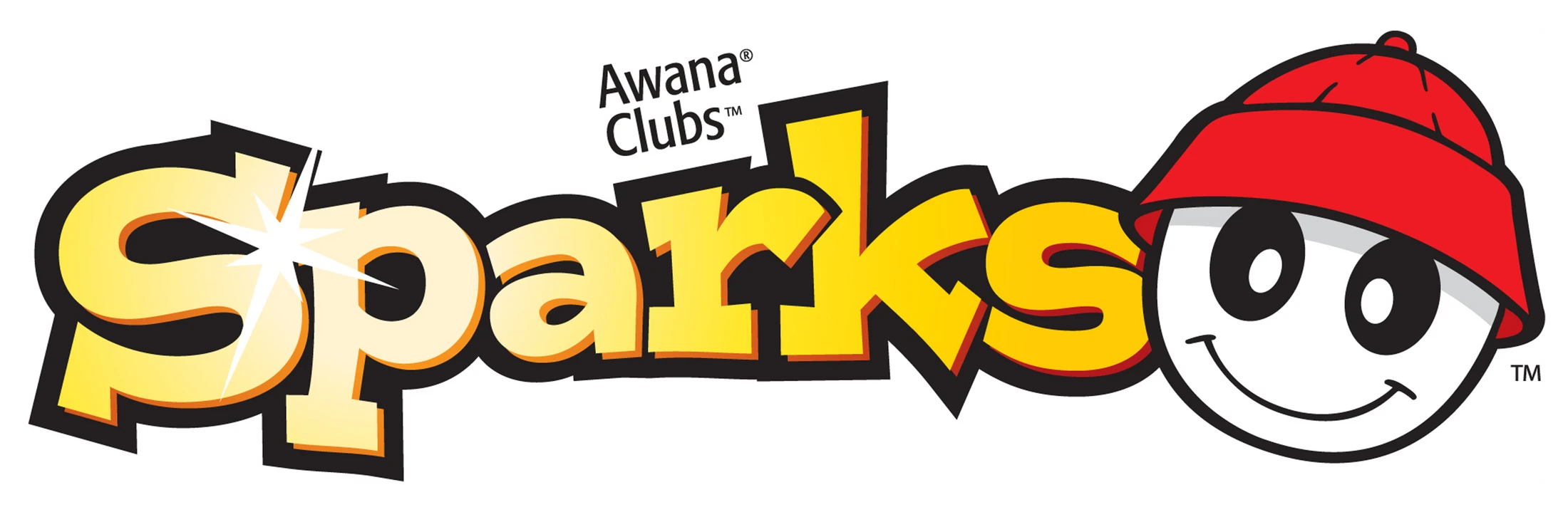 The logo for Awana Clubs Sparks program, with the word 'Sparks' in yellow next to a smiling cartoon character mascot wearing a red hat.
