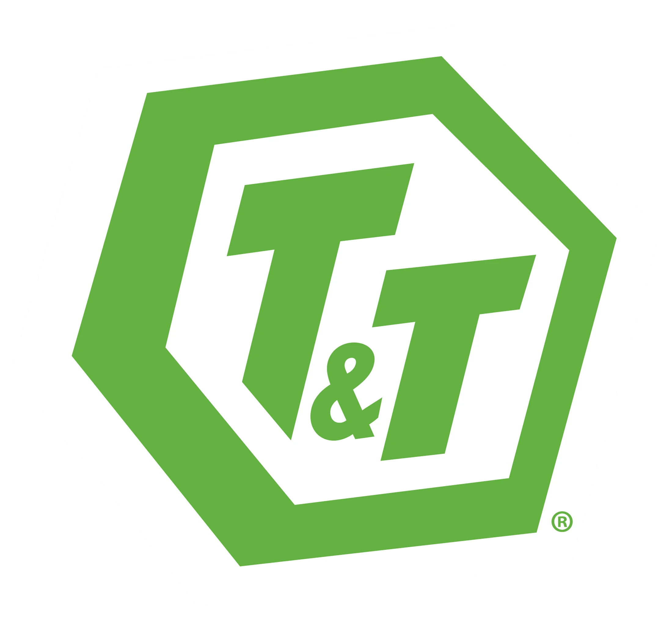The T&T company logo, featuring two stylized green letter T's and an ampersand enclosed within a thick green hexagon border on a white background.