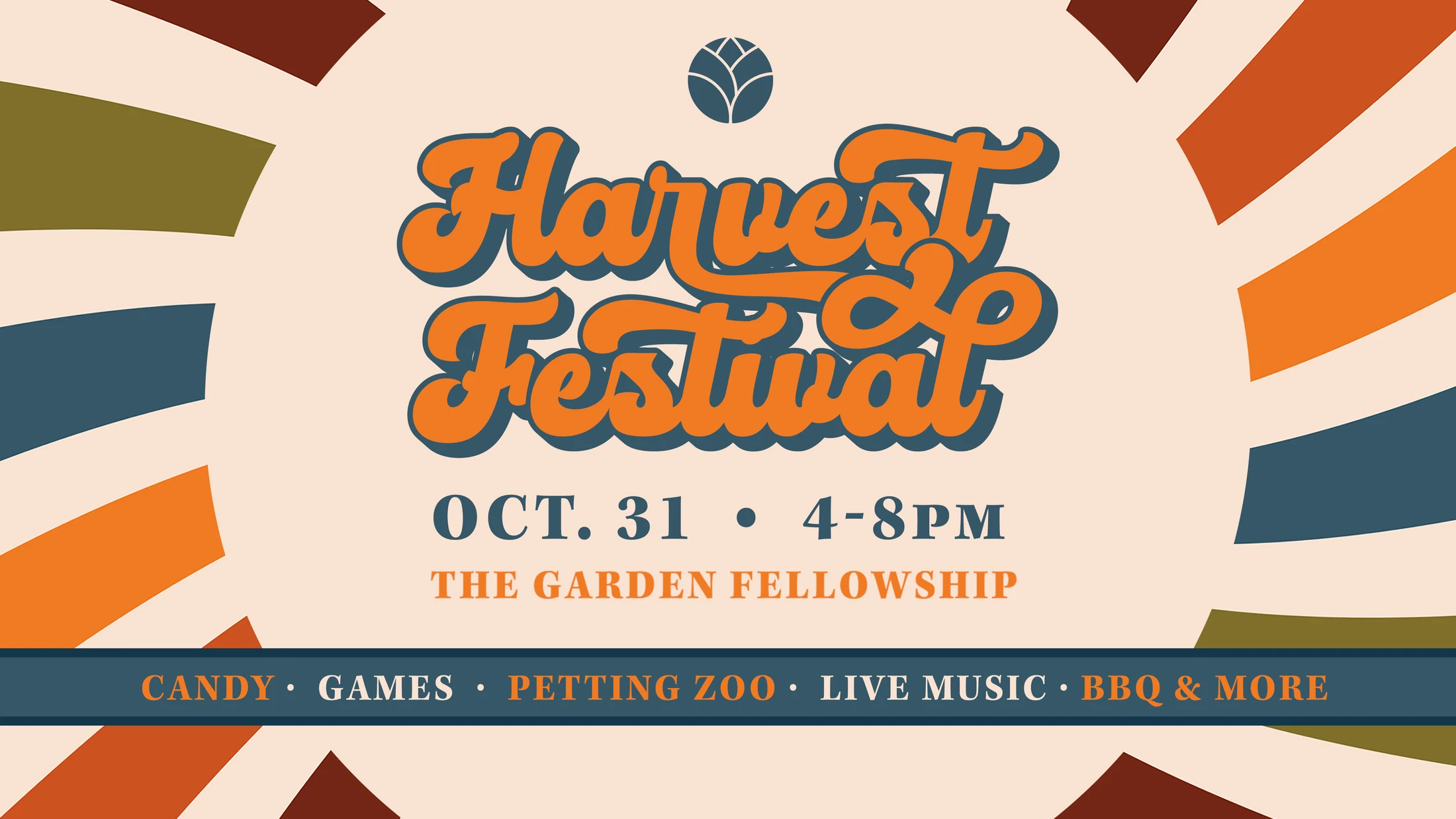 A retro-style poster for a Harvest Festival on Oct. 31, 4-8pm. It lists activities like candy, games, a petting zoo, live music, and BBQ.