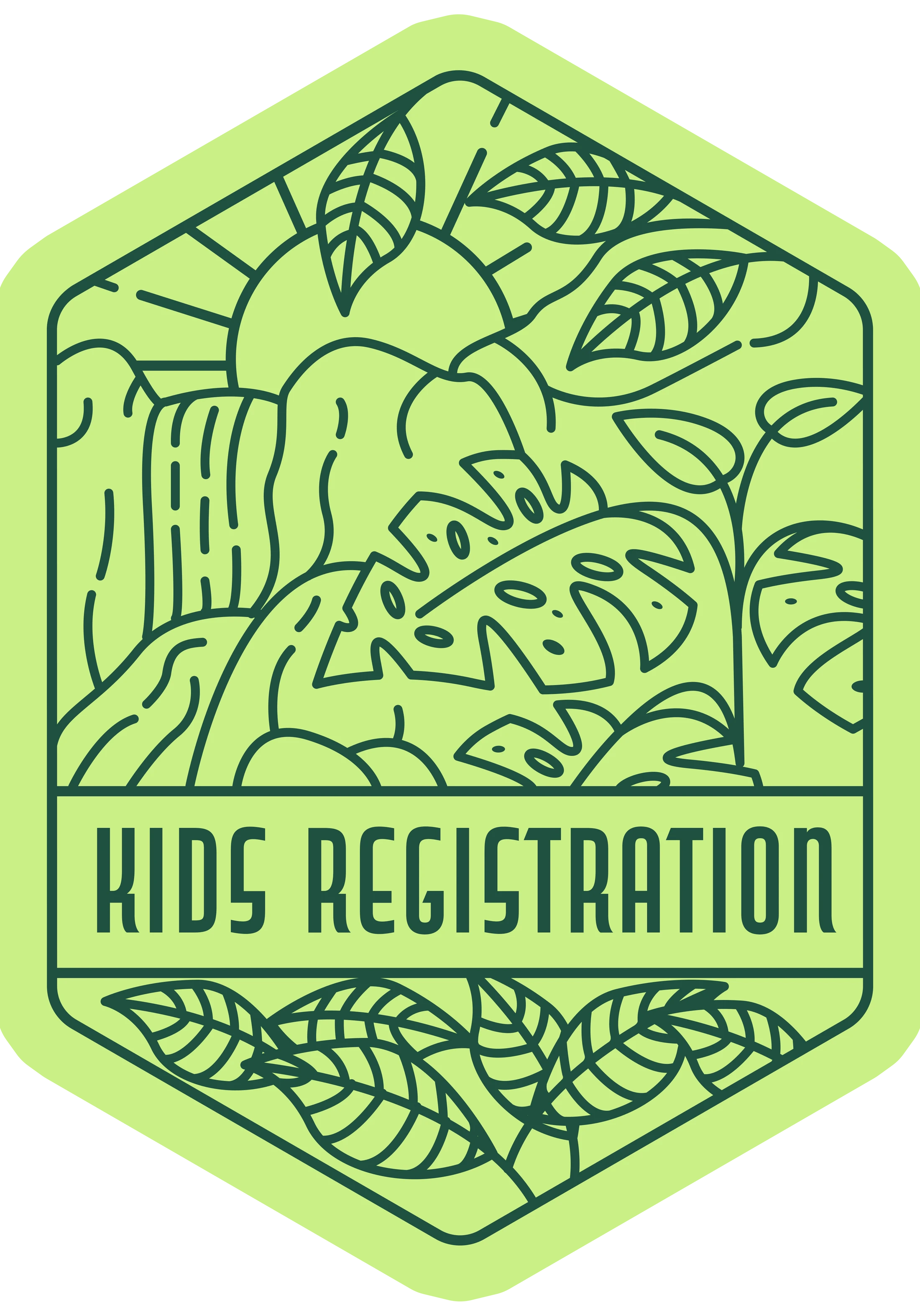 A light green, hexagonal badge with dark green line art of a jungle scene with a waterfall. Below the scene, the text reads 'KIDS REGISTRATION'.